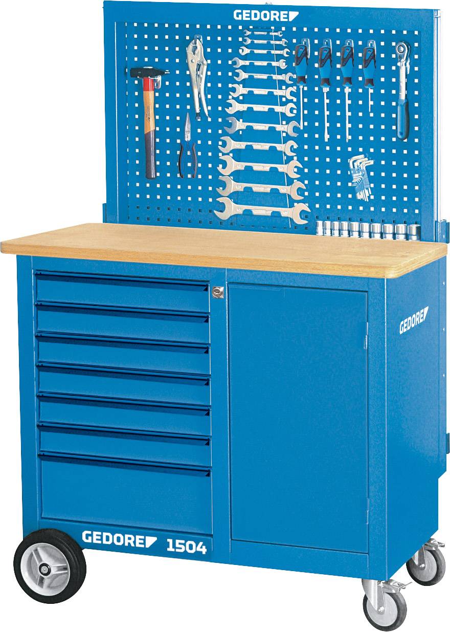 Blaue Werkzeugwerkbank mit fünf Schubladen und einer Tür, perforierte Rückwand mit Haken für Hämmer, Schraubenschlüssel und Zangen.