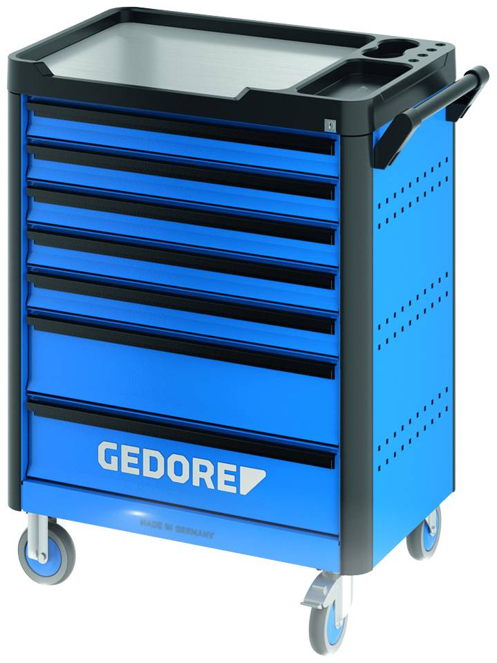 Blauer Werkzeugwagen mit sieben Schubladen und schwarzen Griffen, auf Rollen, markiert mit dem Logo 'GEDORE' auf der Vorderseite.