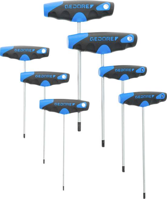 Sechsteiliges Set von GEDORE T-Griff-Innensechskantschlüsseln in verschiedenen Größen, schwarz-blaue Griffe.