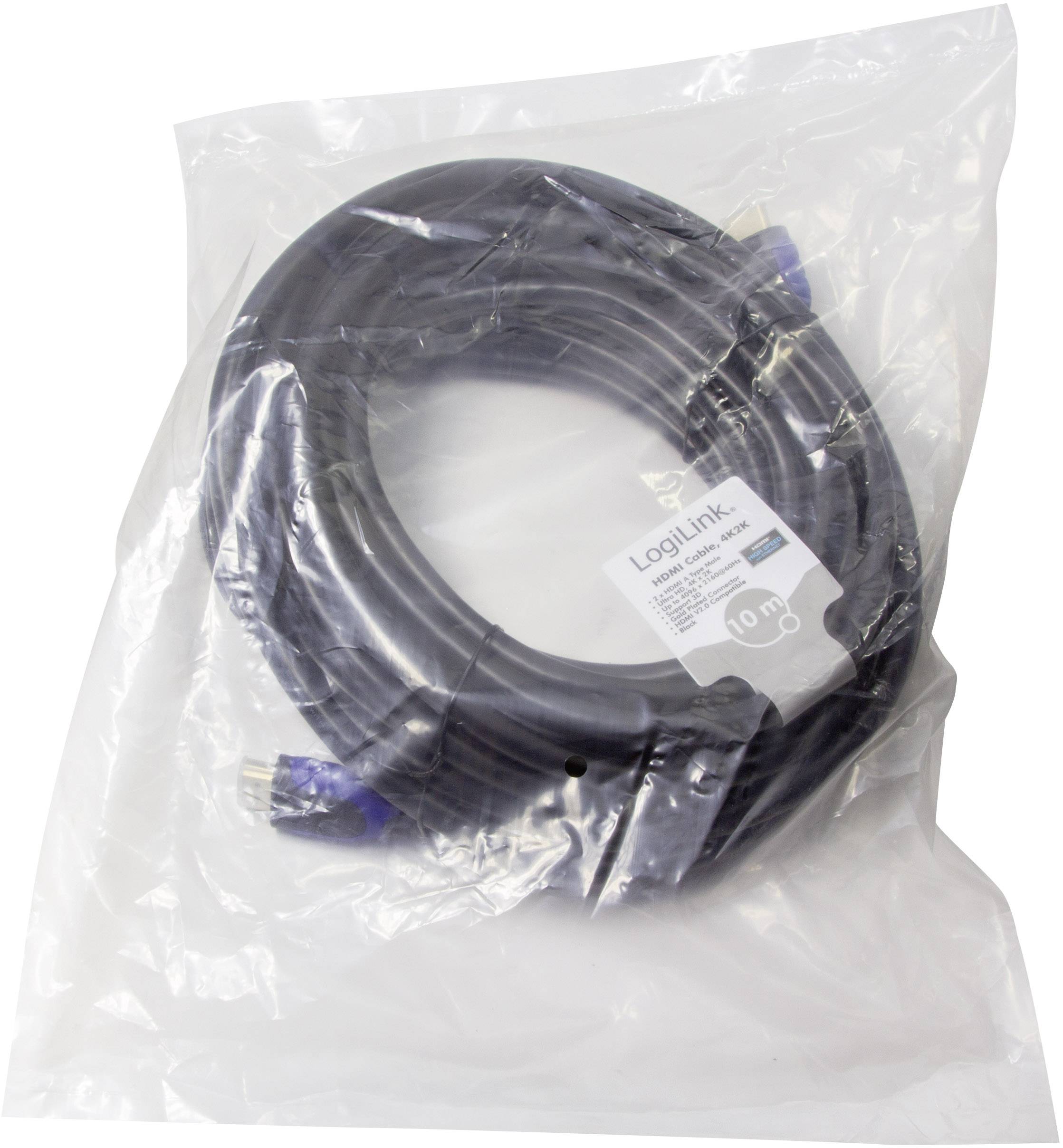 Schwarzes VGA-Kabel, 10 m, verpackt in einer transparenten Plastikfolie.