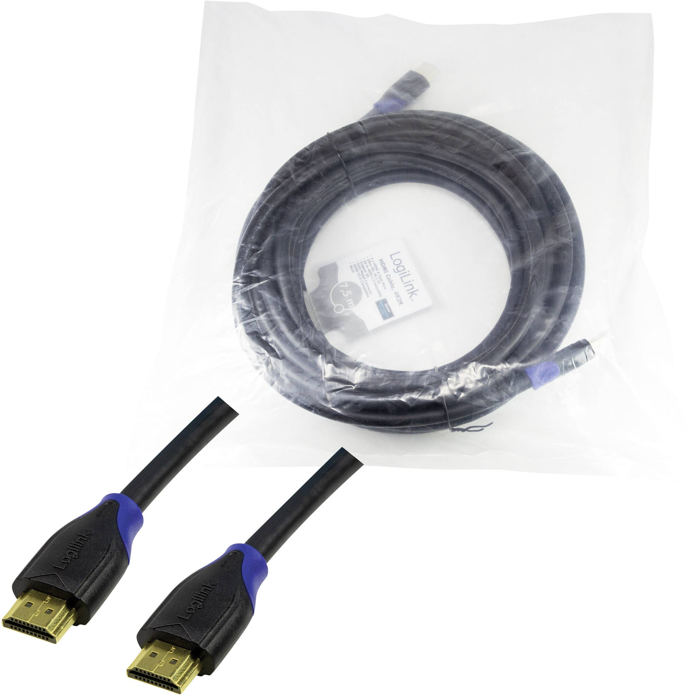 Ein HDMI-Kabel in einer transparenten Plastikverpackung. Kabel ist schwarz mit blauen Akzenten an den Steckern.