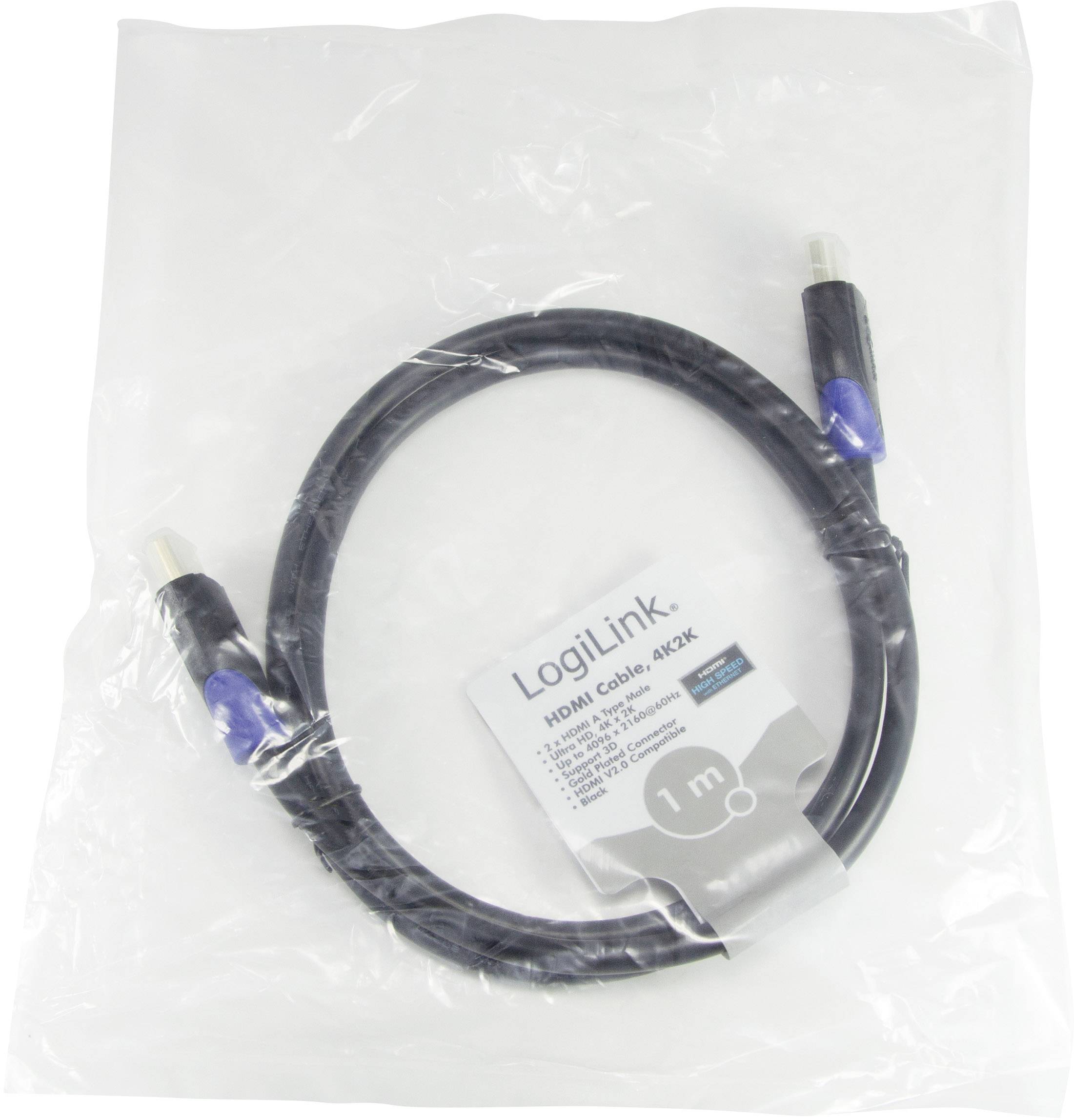 Ein schwarzes HDMI-Kabel von LogiLink, ein Meter lang, in einer transparenten Verpackung.