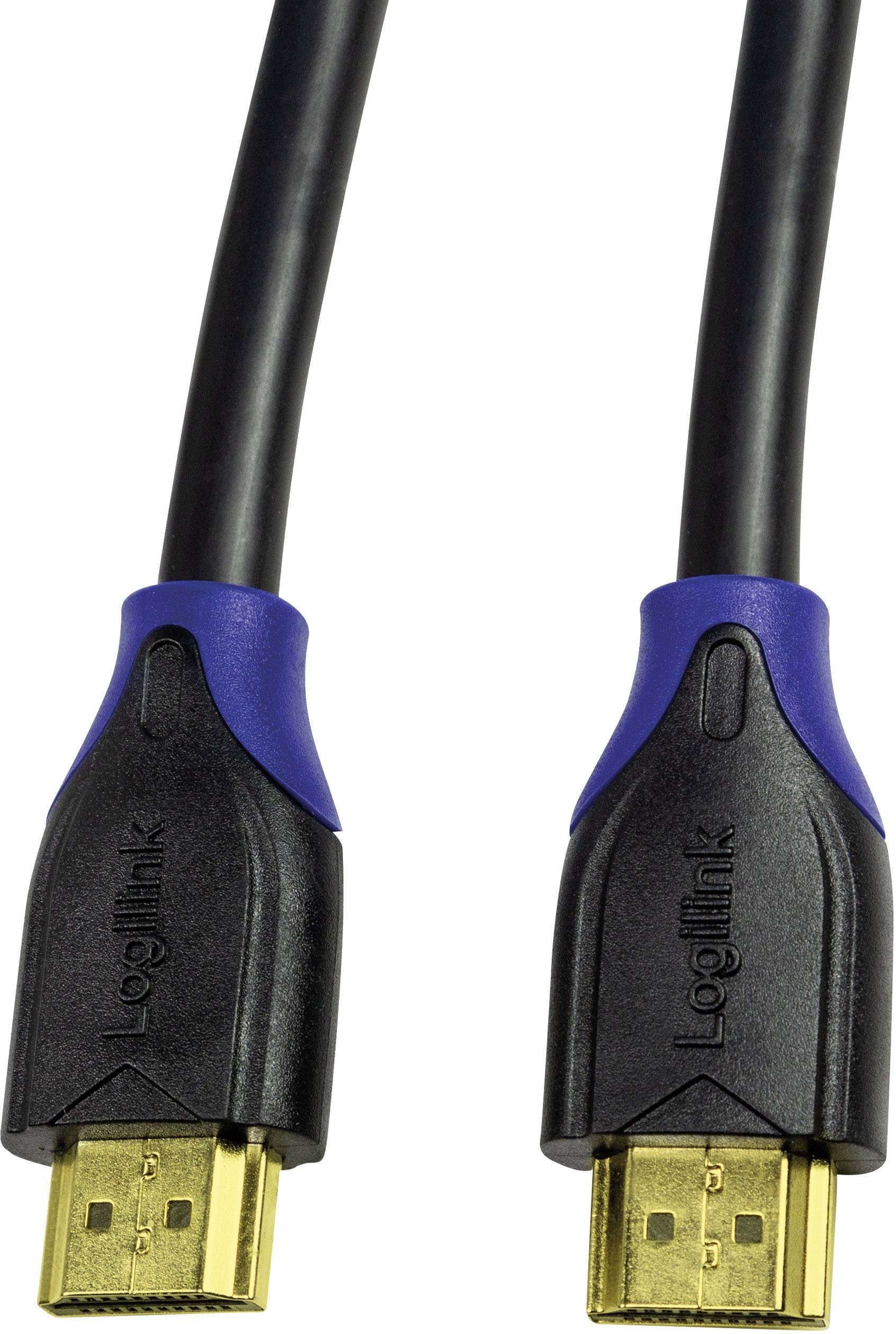 Zwei schwarze HDMI-Kabelstecker mit blauen Details und goldenen Kontakten, die für die Übertragung von Audio- und Videosignalen verwendet werden.