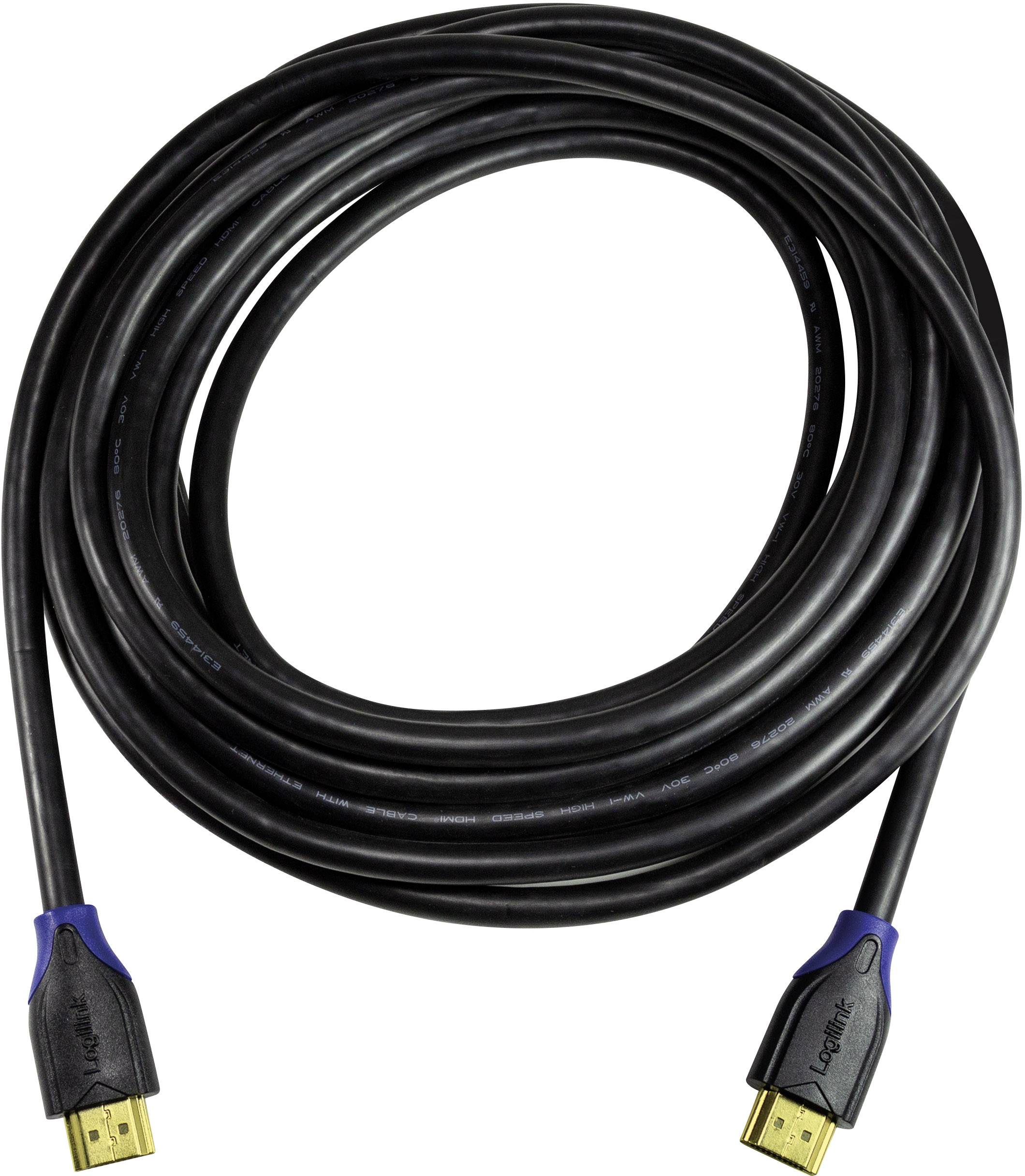 Ein langes schwarzes HDMI-Kabel mit blauen Anschlüssen, geeignet für die Verbindung von Audio- und Videogeräten.