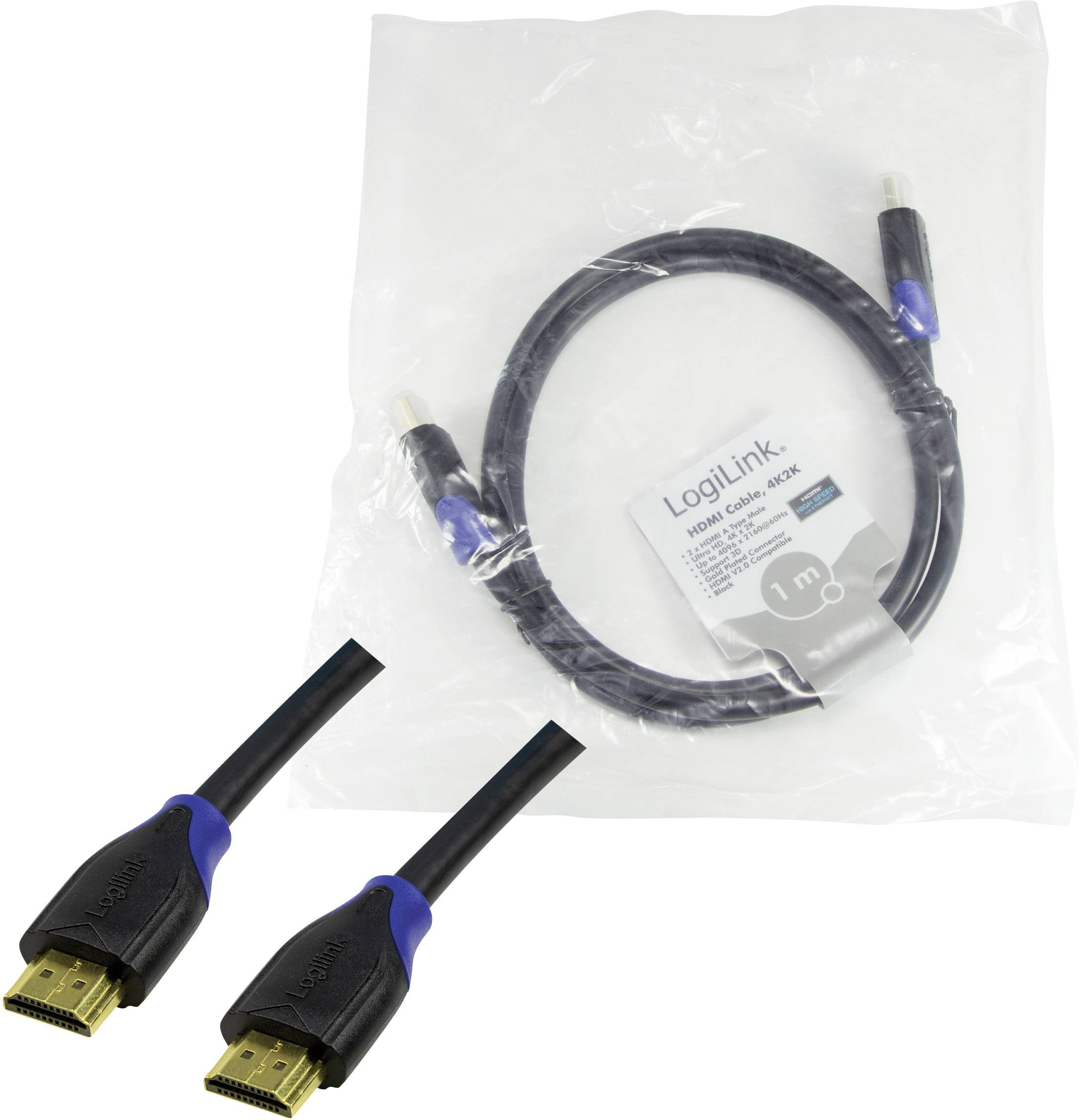 Ein LogiLink HDMI-Kabel von 1 Meter Länge, verpackt in Plastik und mit zwei schwarzen HDMI-Steckern mit blauen Akzenten.