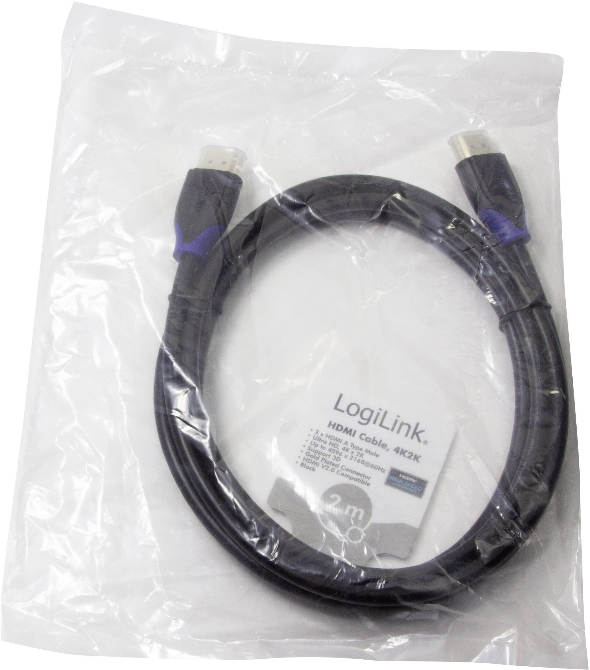 LogiLink HDMI Anschlusskabel HDMI-A Stecker, HDMI-A Stecker 2.00m Schwarz CH0062 4K UHD, Audio Return Channel, vergoldete