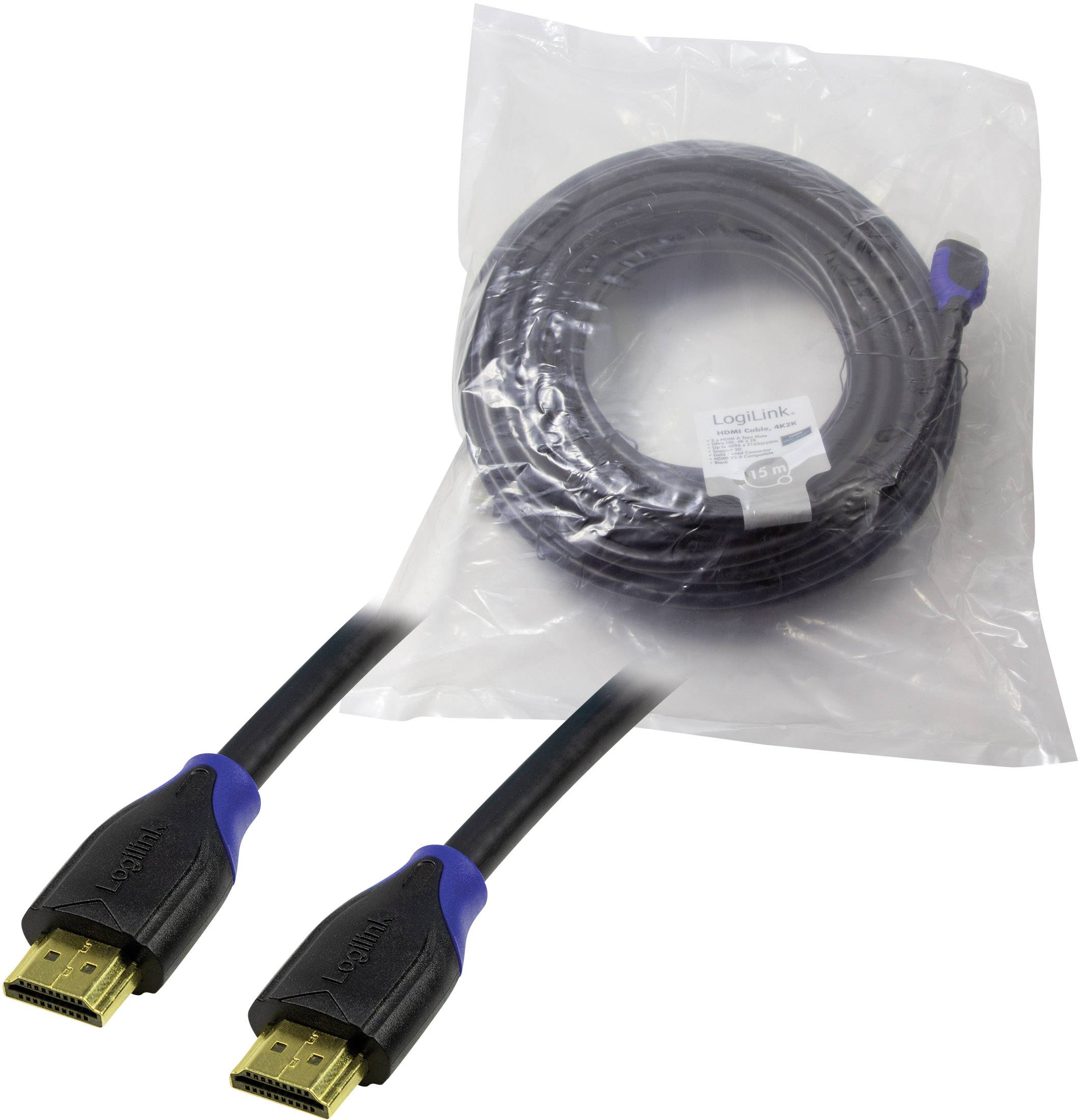 LogiLink HDMI Anschlusskabel HDMI-A Stecker, HDMI-A Stecker 15.00 m Schwarz CH0067 4K UHD, Audio Return Channel, vergoldete Steckkontakte HDMI-Kabel