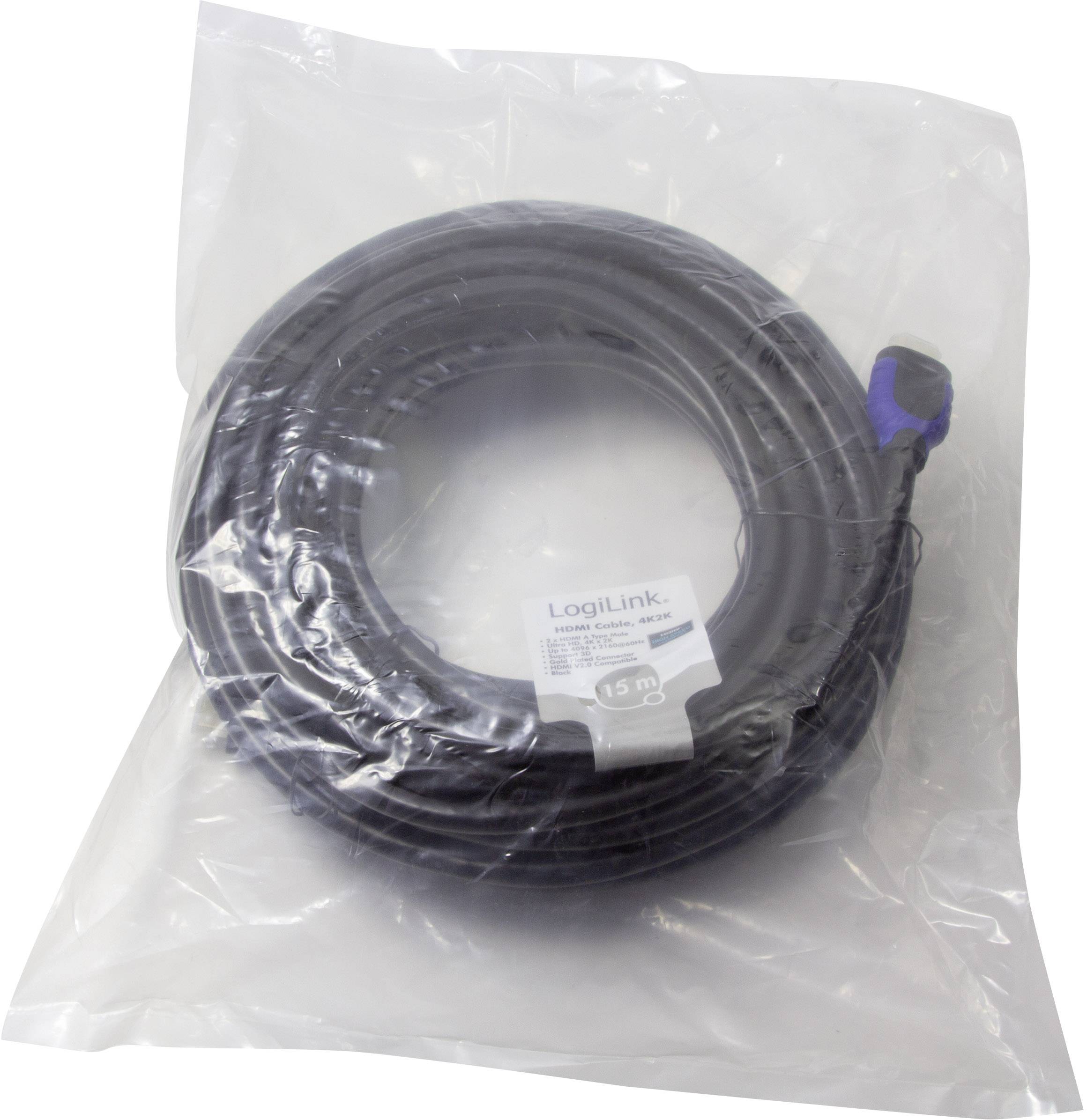 LogiLink HDMI Anschlusskabel HDMI-A Stecker, HDMI-A Stecker 15.00m Schwarz CH0067 4K UHD, Audio Return Channel, vergoldete