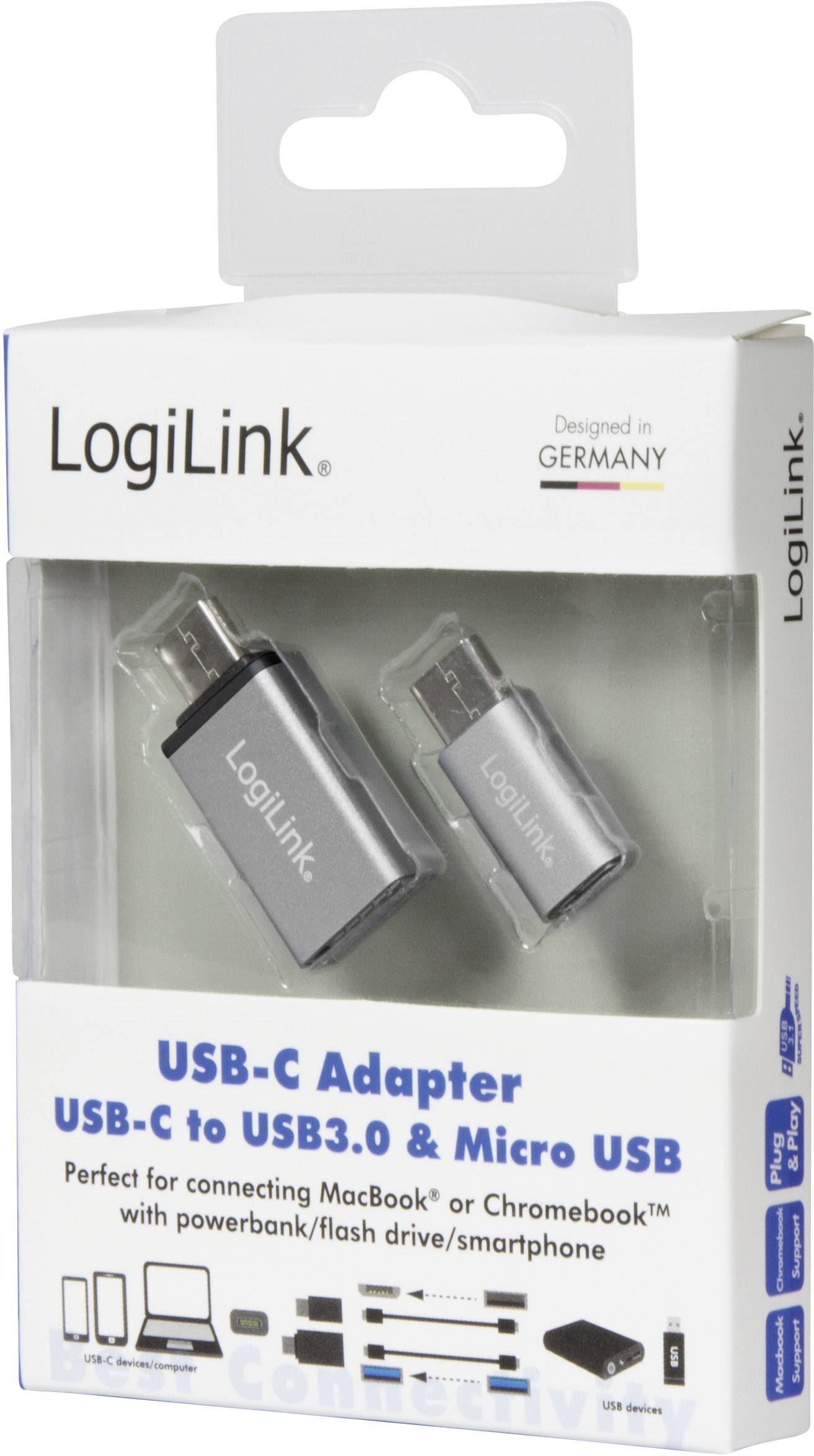 LogiLink USB 3.2 Gen 1 (USB 3.0) Adapter [1x USB-C® Stecker - 1x USB 2.0 Buchse Micro-B, USB 3.2 Gen 1 Buchse A (USB 3.0)] AU0040
