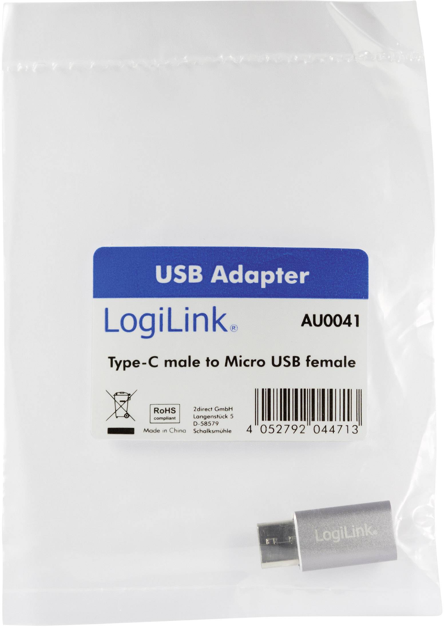 USB-Adapter von LogiLink, Modell AU0041, Typ-C-Stecker auf Micro-USB-Buchse, in einer durchsichtigen Tüte verpackt.