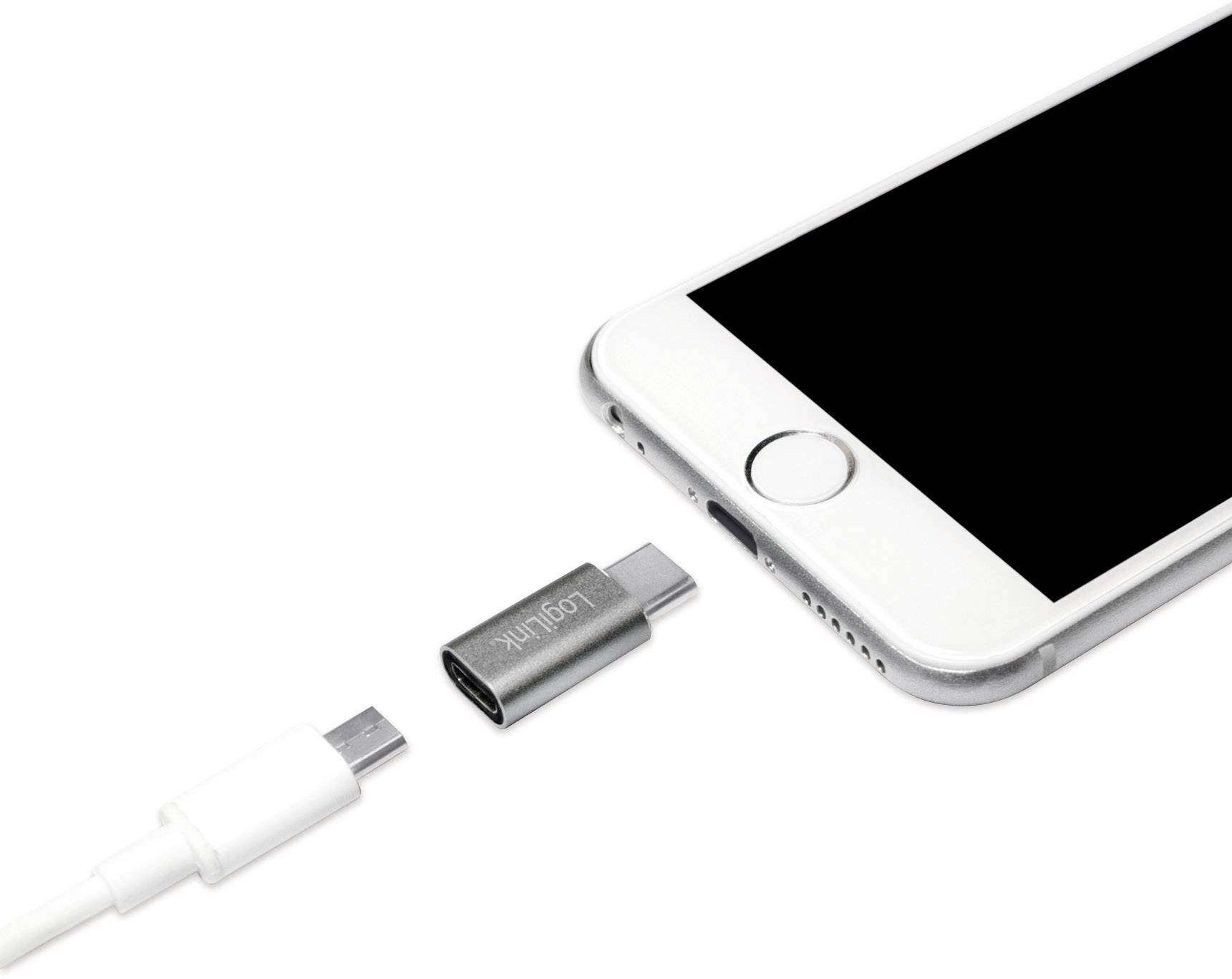 Ein Smartphone mit einem USB-C-Adapter und einem Ladekabel daneben, zeigt die Verbindungsmöglichkeit.