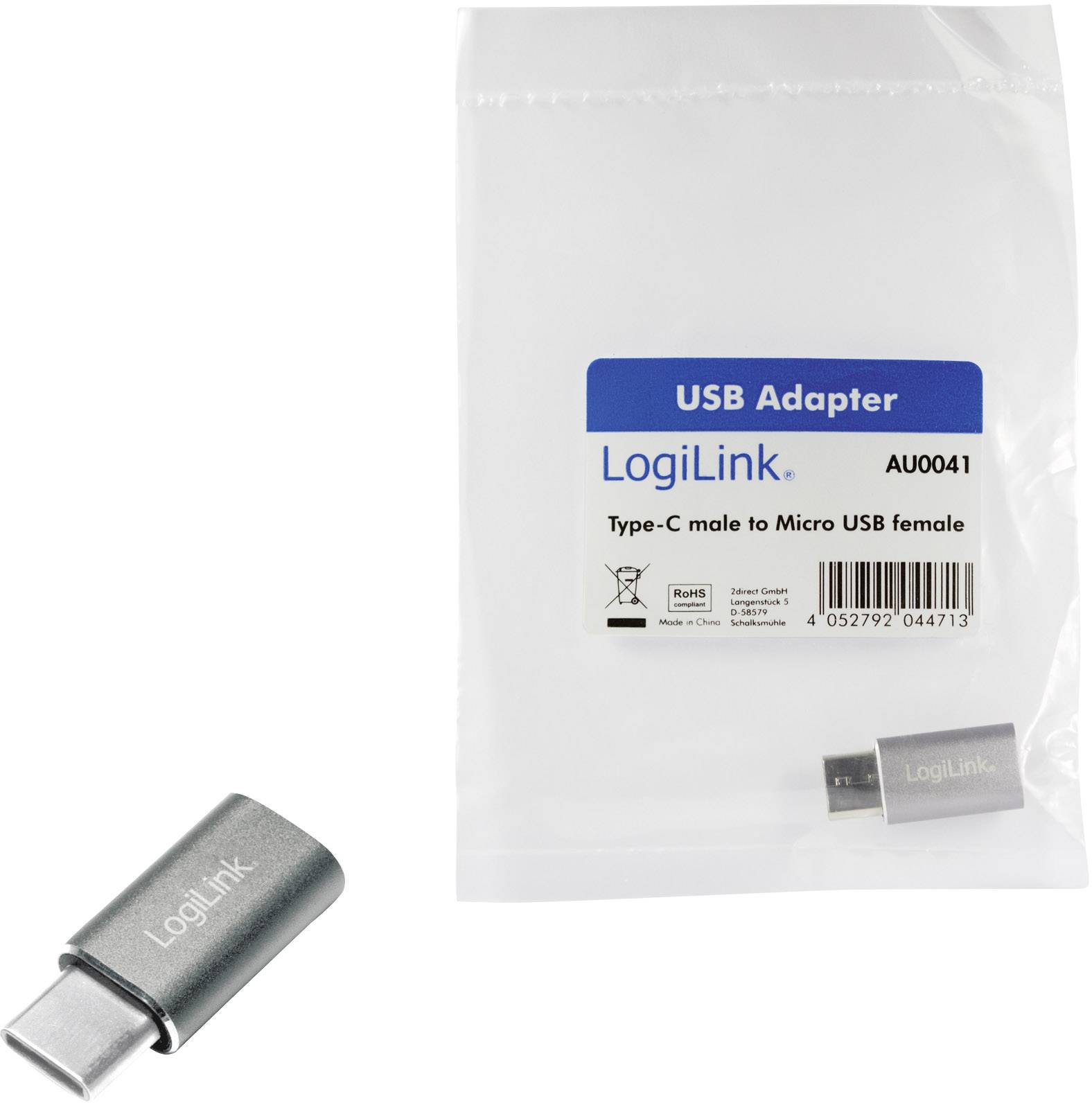 USB-Adapter-Set von LogiLink: Typ-C-Stecker auf Micro-USB-Buchse. Adapter aus Metall neben der Originalverpackung.