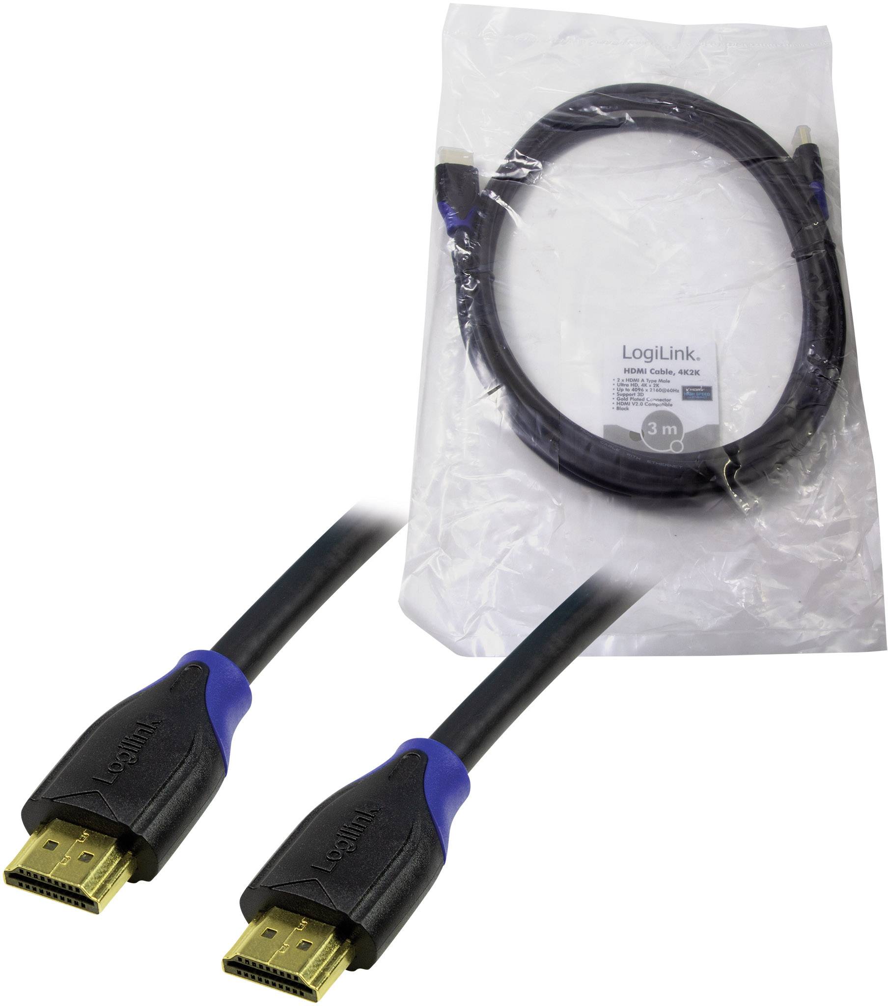 LogiLink HDMI Anschlusskabel HDMI-A Stecker, HDMI-A Stecker 3.00m Schwarz CH0063 4K UHD, Audio Return Channel, vergoldete