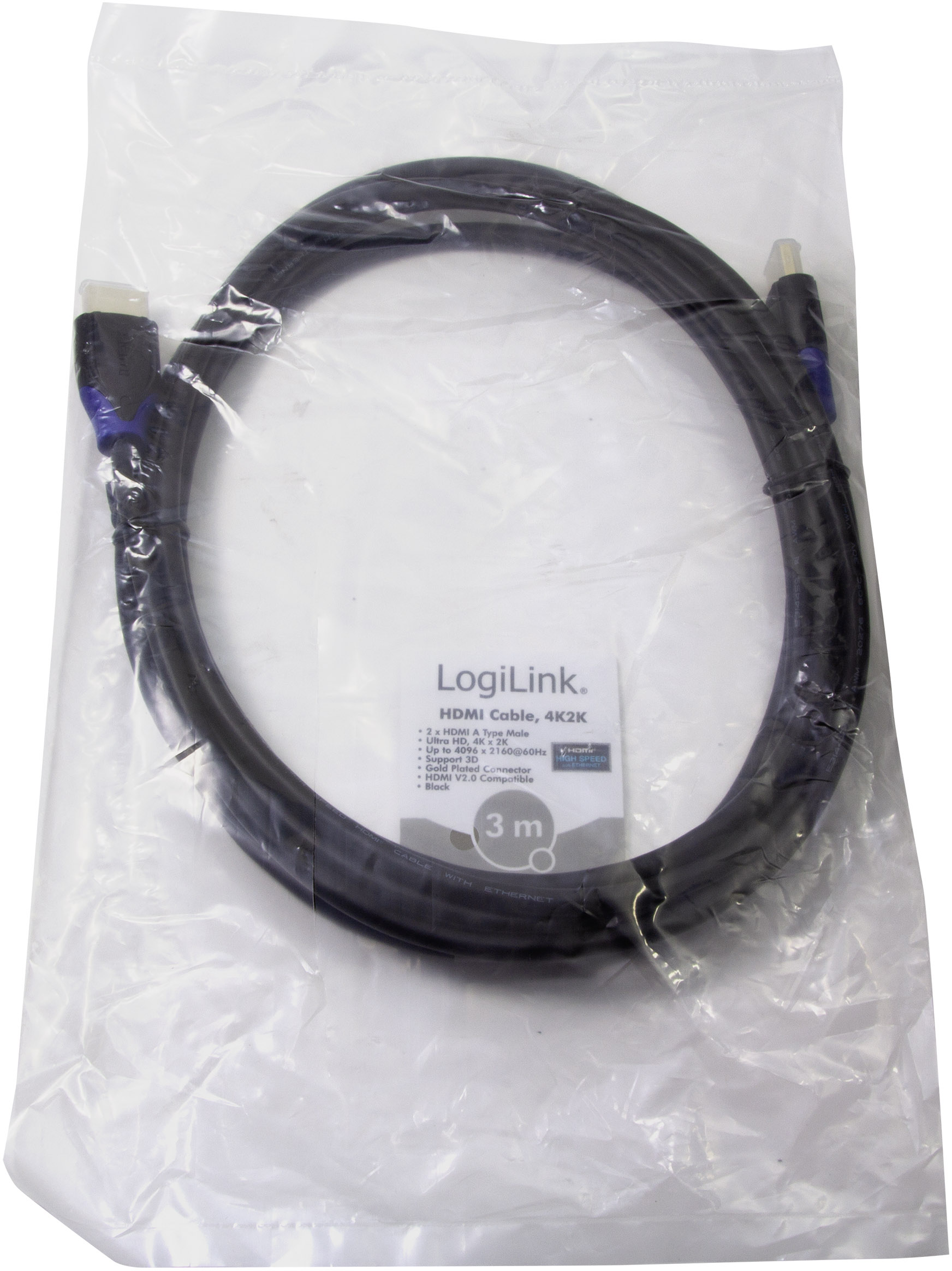 LogiLink HDMI Anschlusskabel HDMI-A Stecker, HDMI-A Stecker 3.00m Schwarz CH0063 4K UHD, Audio Return Channel, vergoldete