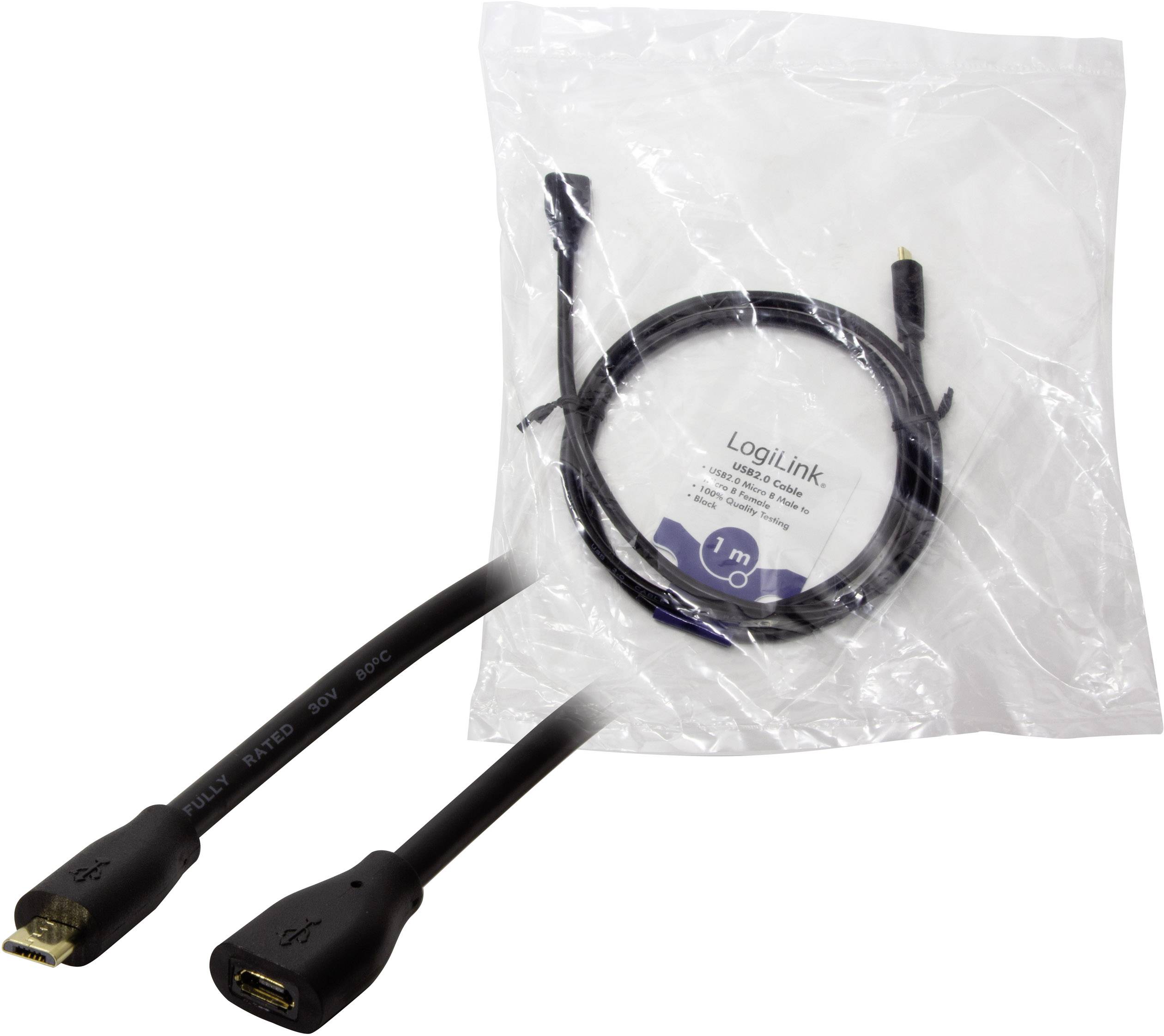 Ein USB-Verlängerungskabel der Marke LogiLink in einer transparenten Verpackung. Das Kabel ist 1 Meter lang.