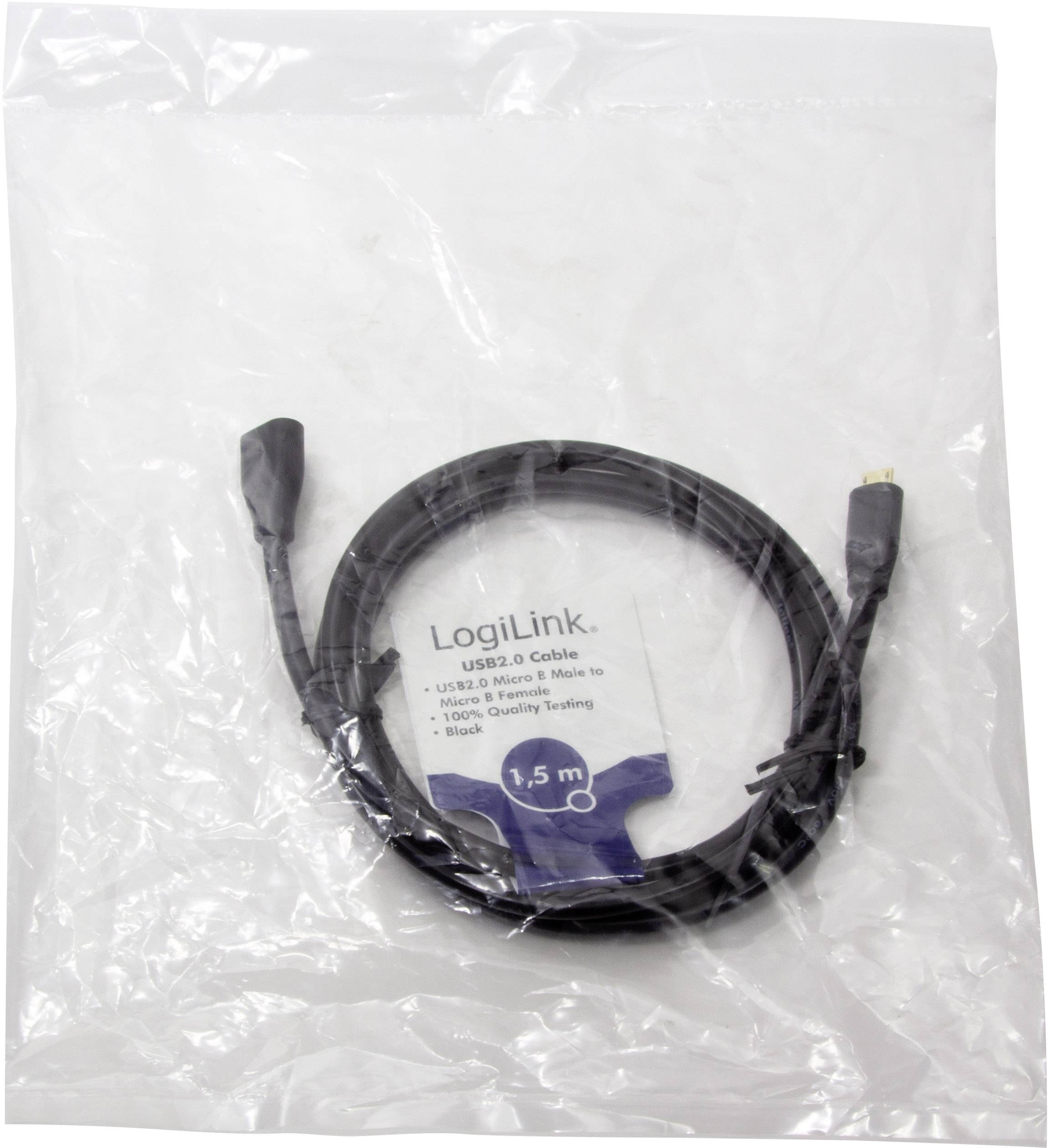USB 2.0 Kabel (1,5 m), LogiLink, in transparentem Plastikbeutel. Kabel ist schwarz und für hohe Qualität getestet.