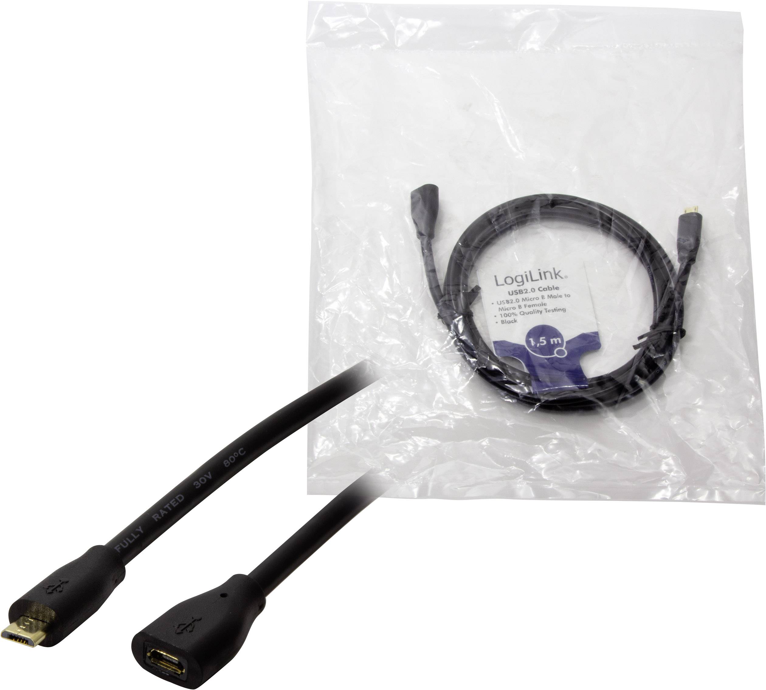 Micro-USB-Verlängerungskabel in einer transparenten Verpackung gezeigt, Länge 1,5 m, Marke LogiLink. Hauptsächlich für elektronische Geräte verwendet.