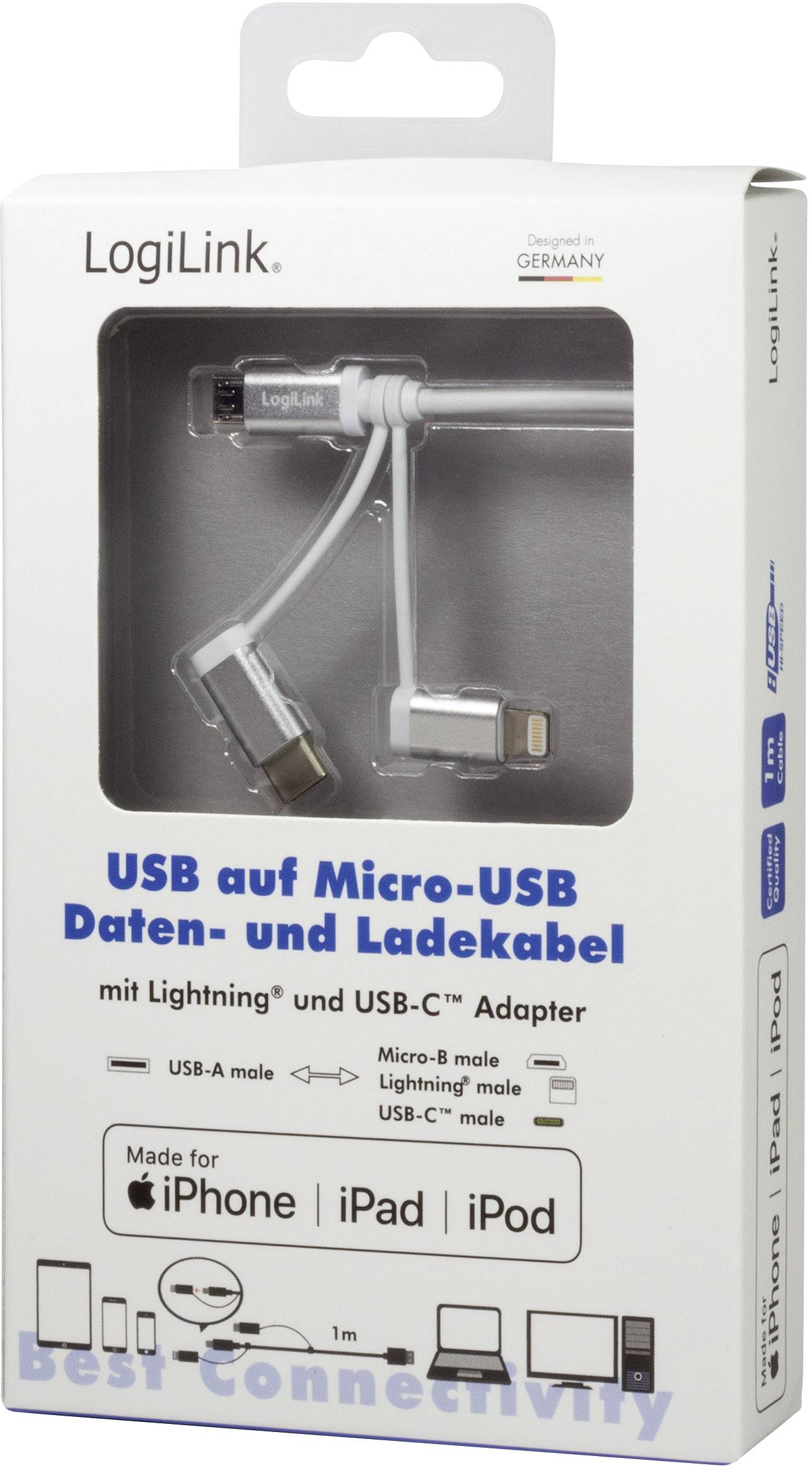 LogiLink USB-Kabel USB 2.0 USB-A Stecker, USB-C® Stecker, USB-Micro-B Stecker, Apple Lightning Stecker 1.00 m Weiß CU0126