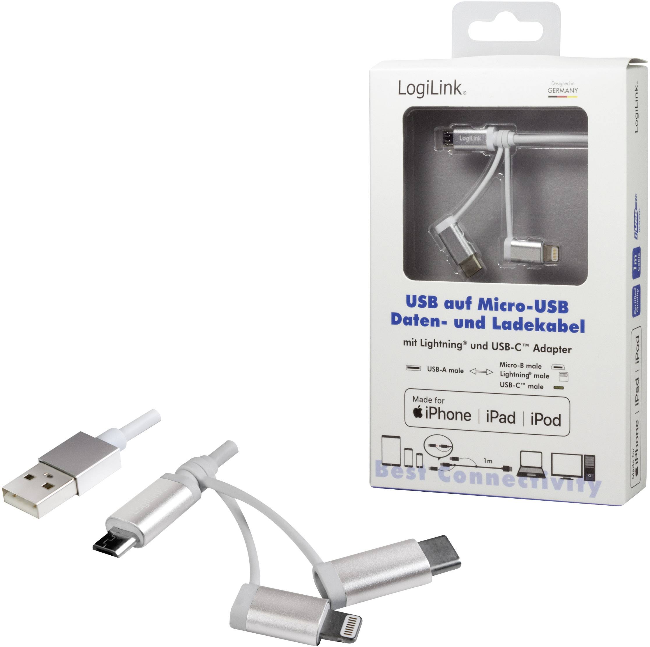 LogiLink USB-Kabel USB 2.0 USB-A Stecker, USB-C® Stecker, USB-Micro-B Stecker, Apple Lightning Stecker 1.00 m Weiß CU0126