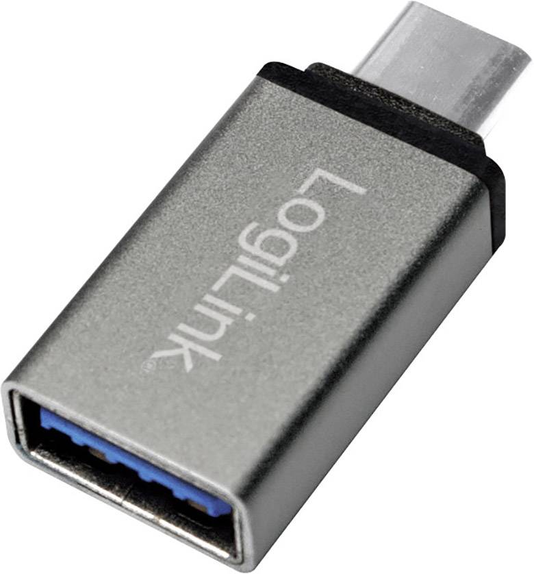 Ein silberner USB-C-Adapter mit der Aufschrift 'Logilink', der einen USB-A-Stecker in USB-C umwandelt.