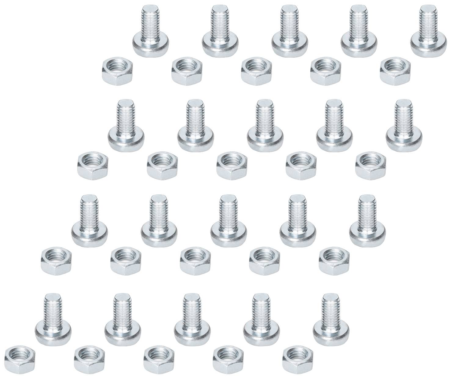 Mehrere Schrauben und Muttern aus Metall, gleichmäßig in einem schrägen Raster von links oben nach rechts unten angeordnet.
