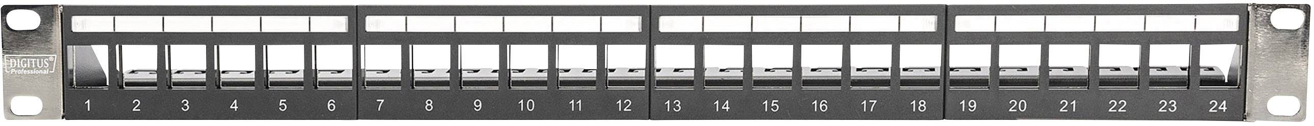 Patchpanel mit 24 nummerierten Netzwerkanschlüssen in zwei Reihen.