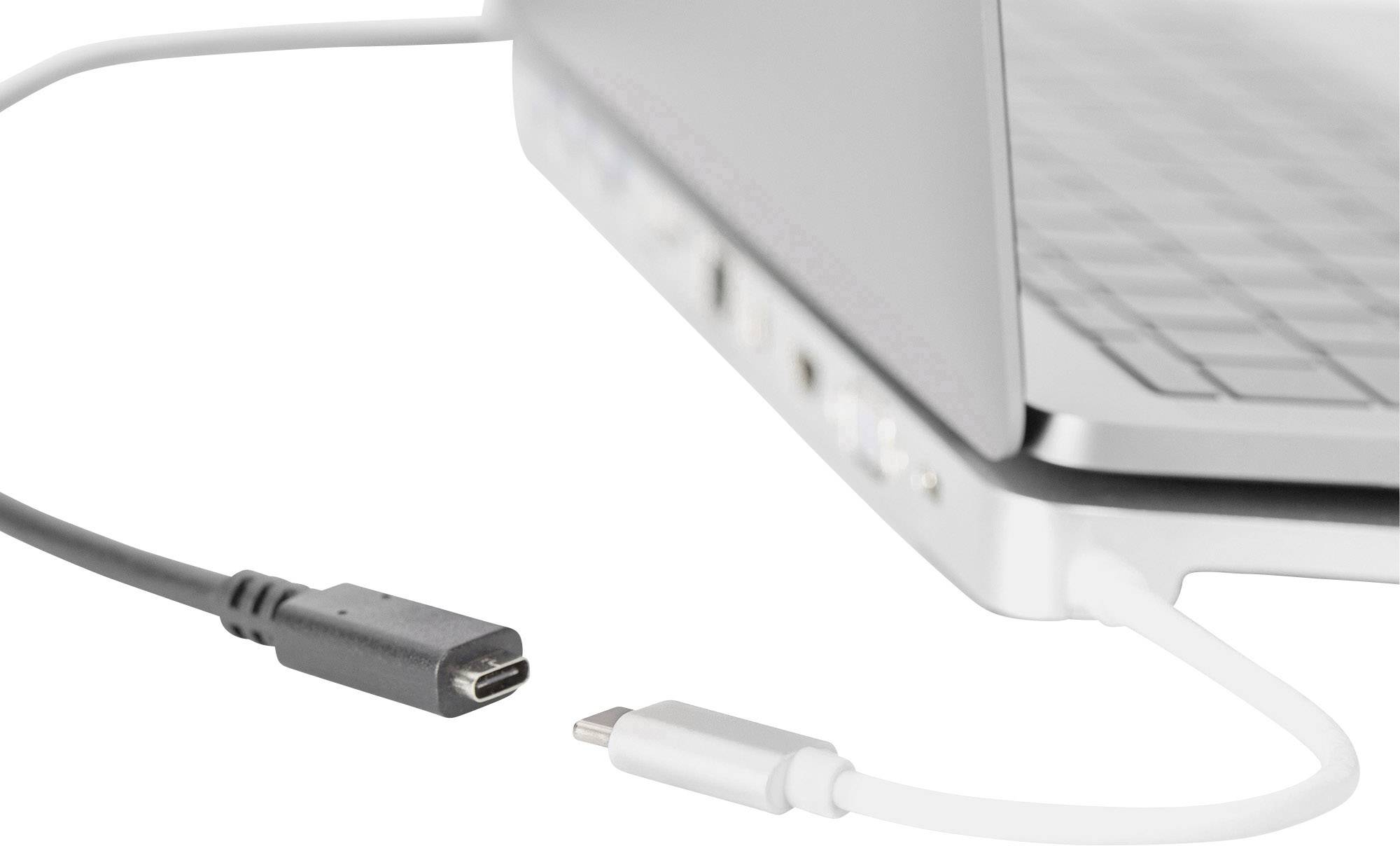 Nahaufnahme eines Laptops mit einem eingesteckten USB-C-Kabel links und einem zweiten, nicht verbundenen USB-C-Kabel rechts.