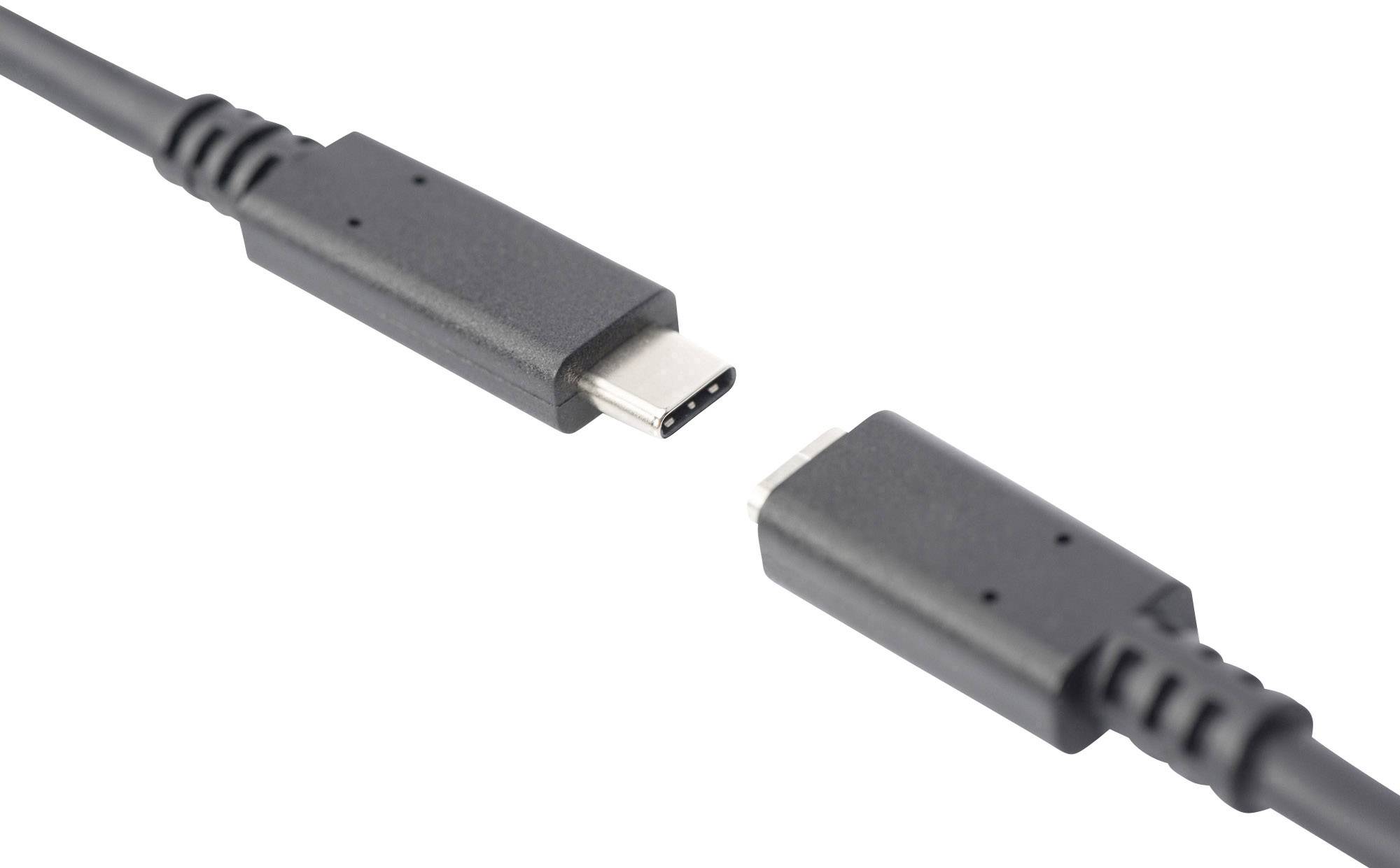 Zwei USB-C-Stecker mit schwarzen Kabeln nähern sich einander, zeigen Anschlussmöglichkeiten für Datenübertragung oder Stromversorgung.