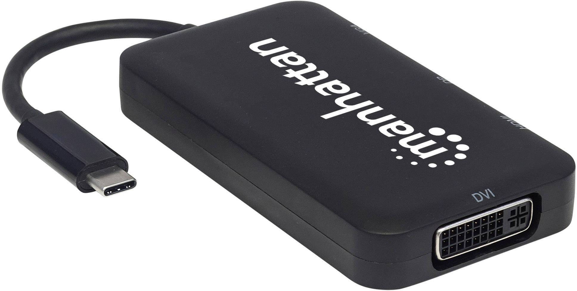 Ein schwarzer Adapter mit 'Manhattan'-Logo, DVI- und USB-C-Anschlüssen, geeignet für die Verbindung von Computern mit externen Anzeigen.
