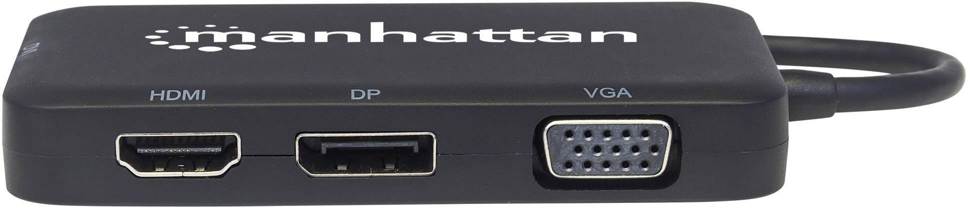 Schwarzer Adapter mit drei Anschlüssen: HDMI, DisplayPort (DP) und VGA. Aufschrift: 'manhattan'. Dient zur Videoverbindung.