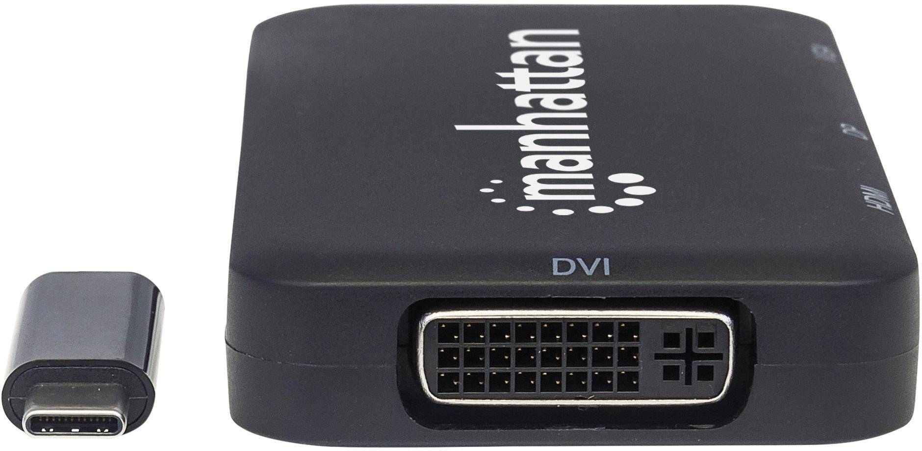 Ein schwarzer Adapter mit der Aufschrift 'manhattan', der einen USB-C-Stecker in einen DVI-Anschluss umwandelt.