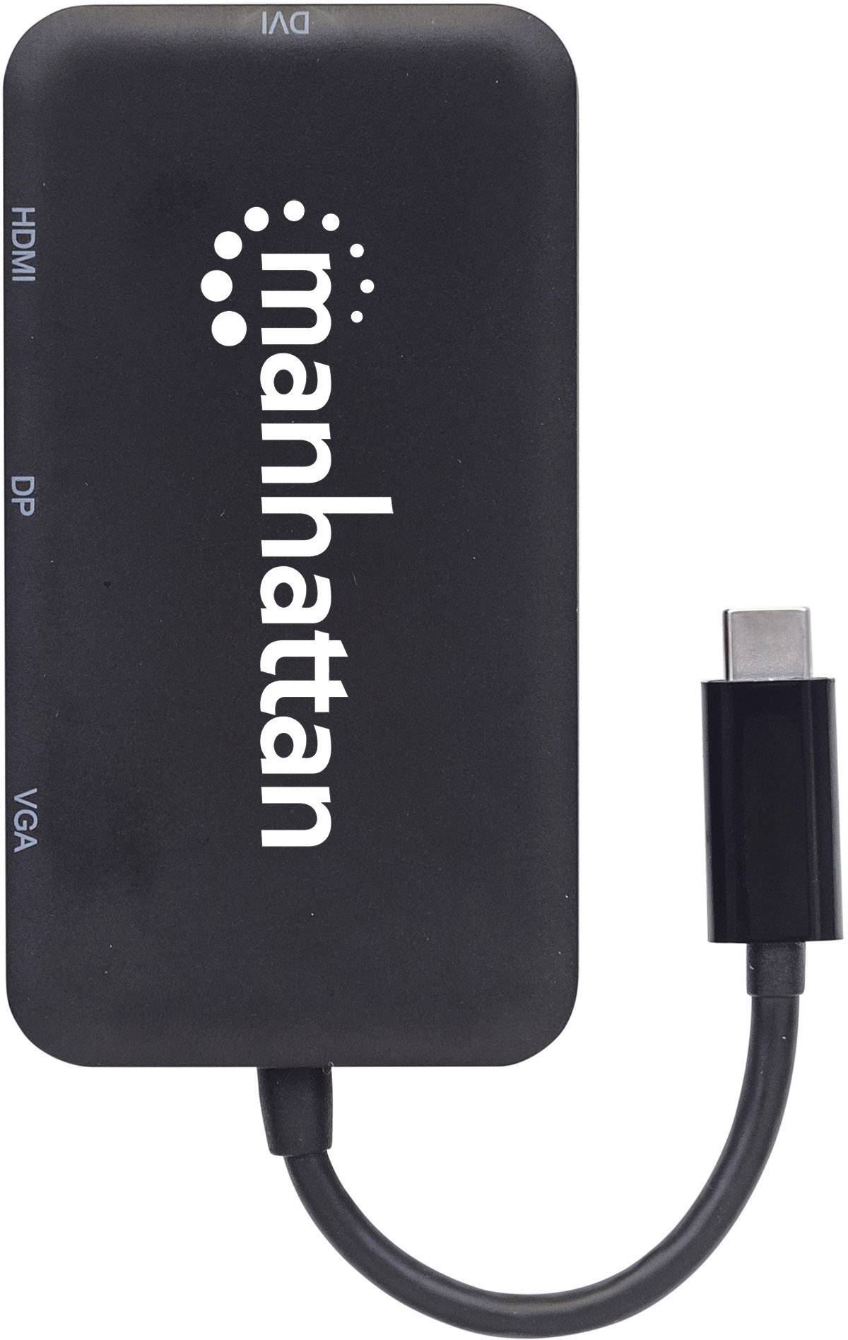 Adapter mit der Aufschrift 'manhattan', hat Anschlüsse für DVI, HDMI, DisplayPort und VGA, verbunden mit einem USB-C-Kabel.