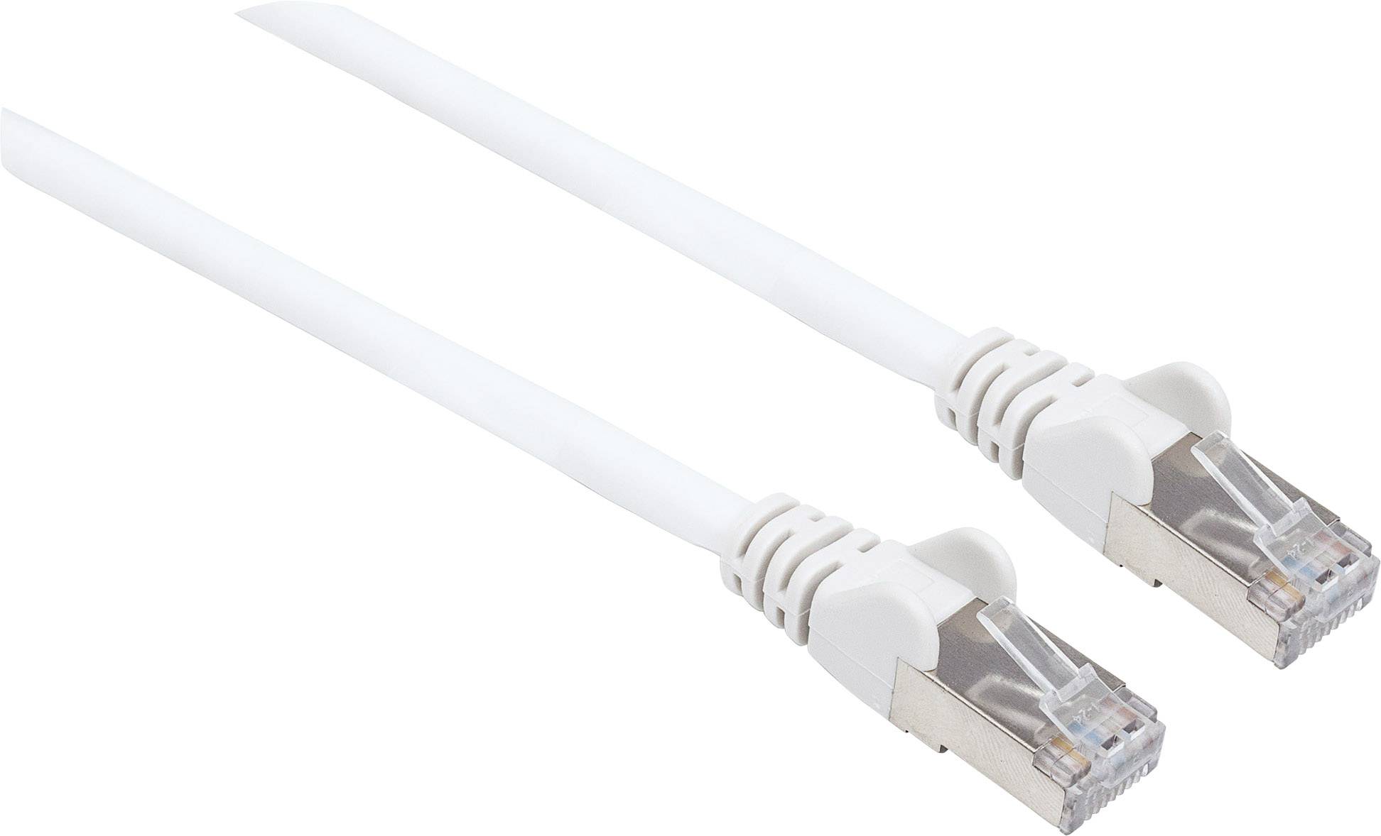 Zwei weiße Ethernet-Kabel mit RJ45-Steckern, geeignet für Netzwerkverbindungen und Internetanschlüsse.