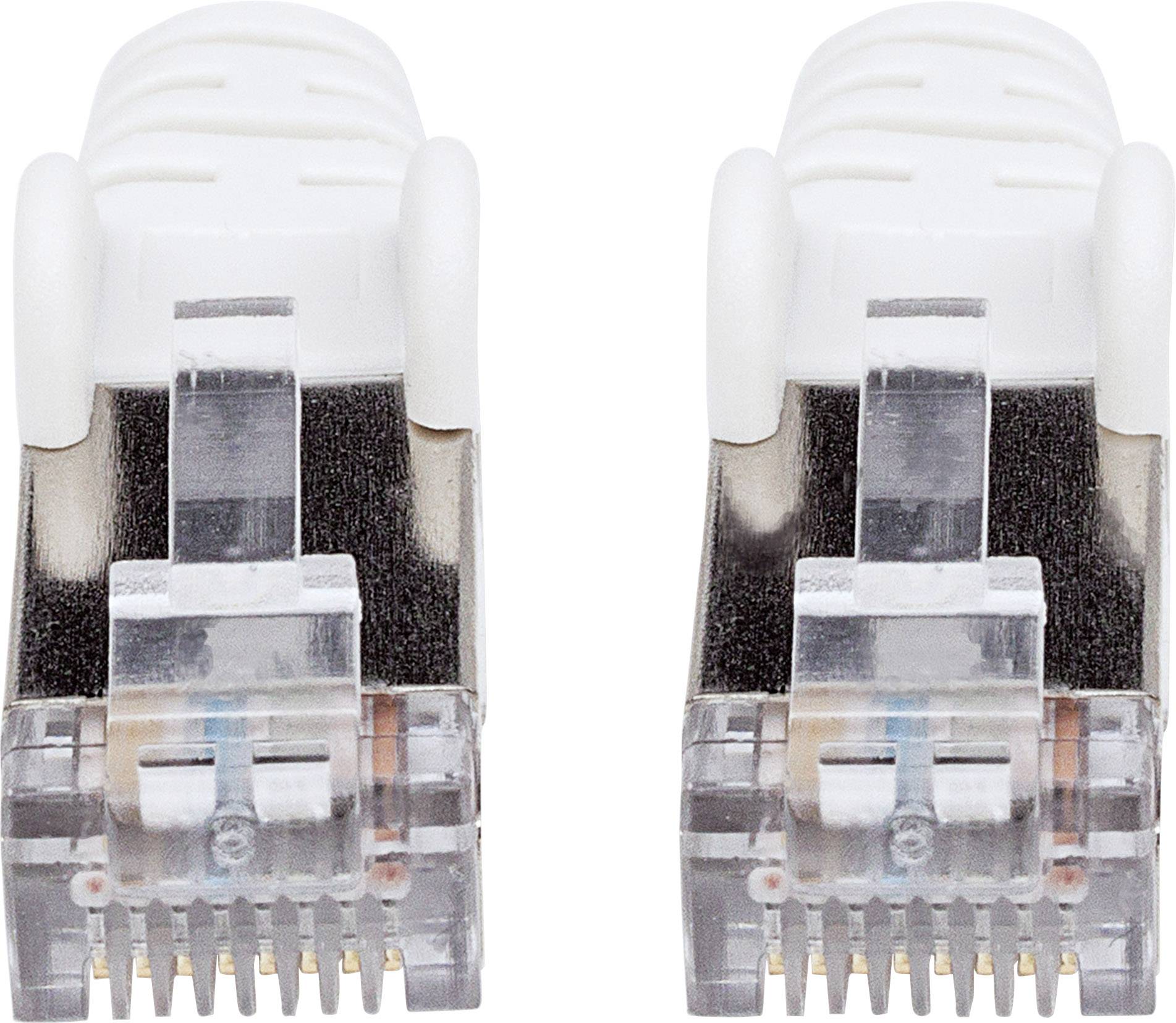 Zwei nebeneinanderliegende Ethernet-Stecker mit durchsichtigen Plastikgehäusen und goldenen Kontakten auf weißem Hintergrund.
