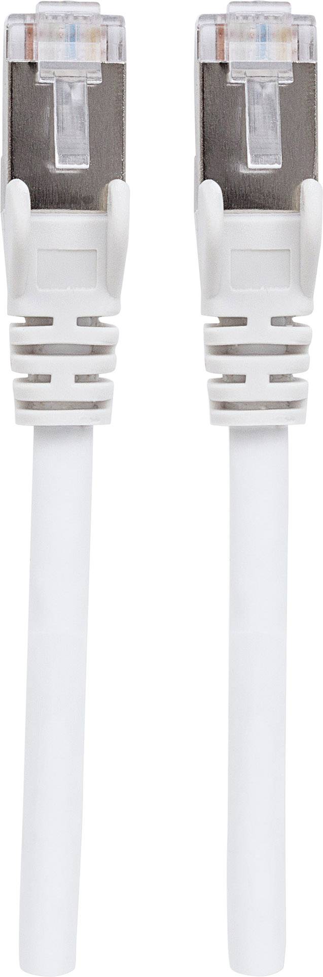 Nahaufnahme von zwei weißen Ethernet-Kabeln mit RJ45-Steckern nebeneinander.