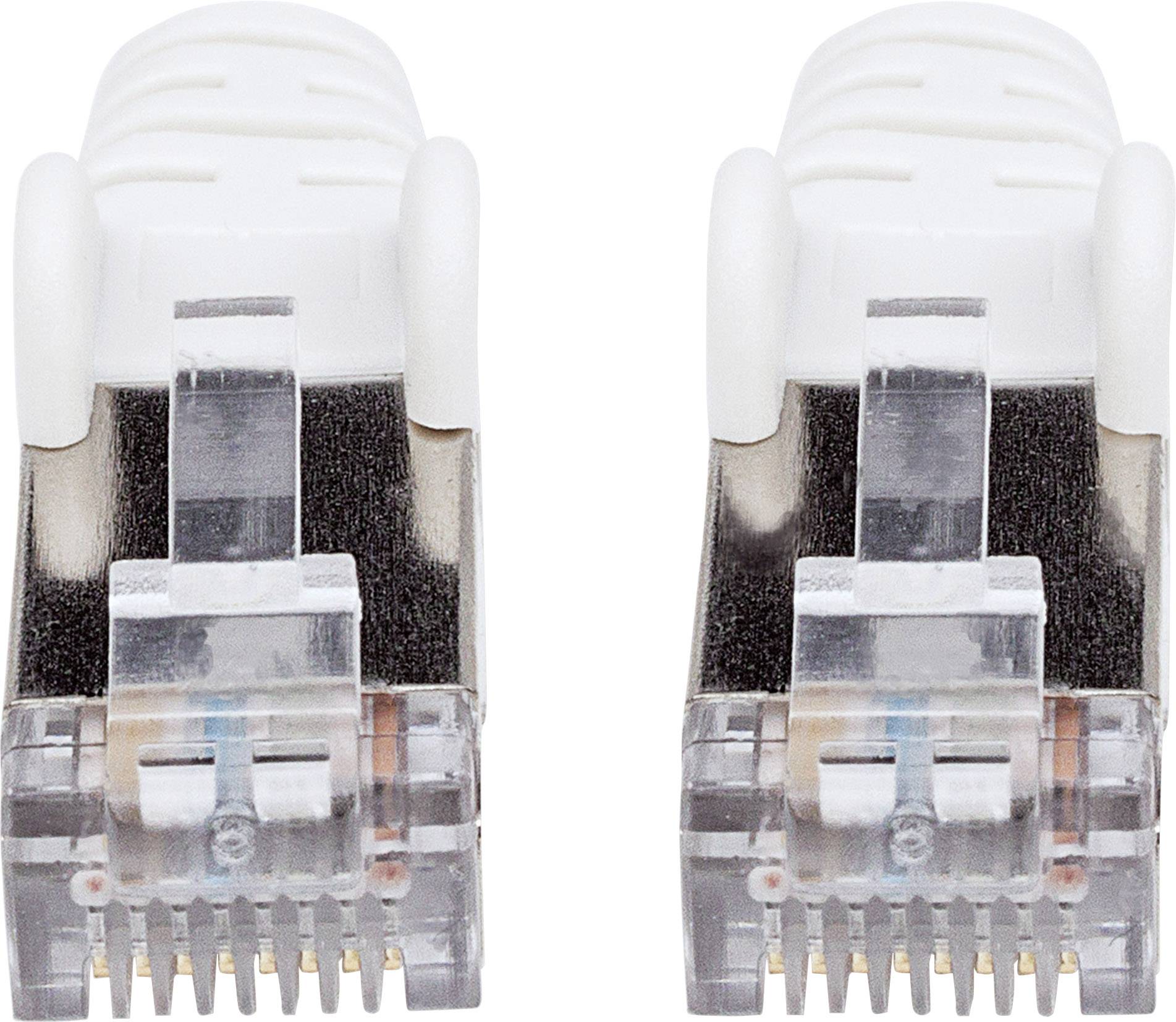 Zwei weiße Ethernet-Stecker mit durchsichtigen Kunststoffgehäusen und Metallkontakten, nebeneinander auf weißem Hintergrund.