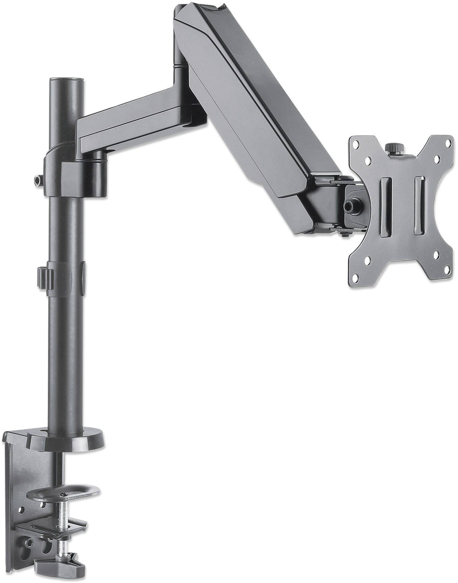 Schwarze Monitorhalterung mit verstellbarem Arm und Tischklemme zur Befestigung. Geeignet zur ergonomischen Ausrichtung eines Bildschirms.