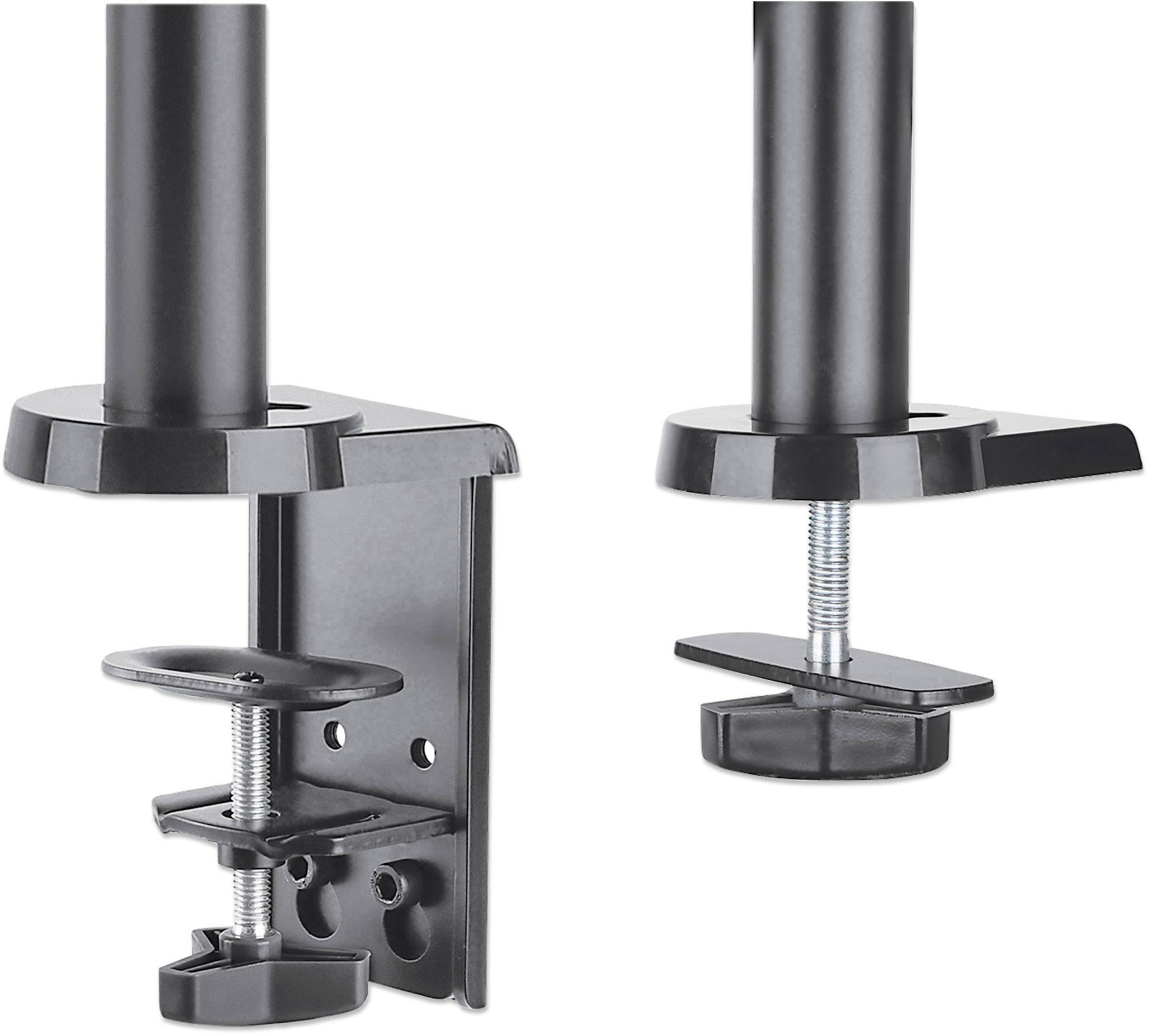 Zwei schwarze Tischklemmen aus Metall für die Befestigung einer Stange oder eines Monitorarms. Links ist die Klemme befestigt, rechts geöffnet.