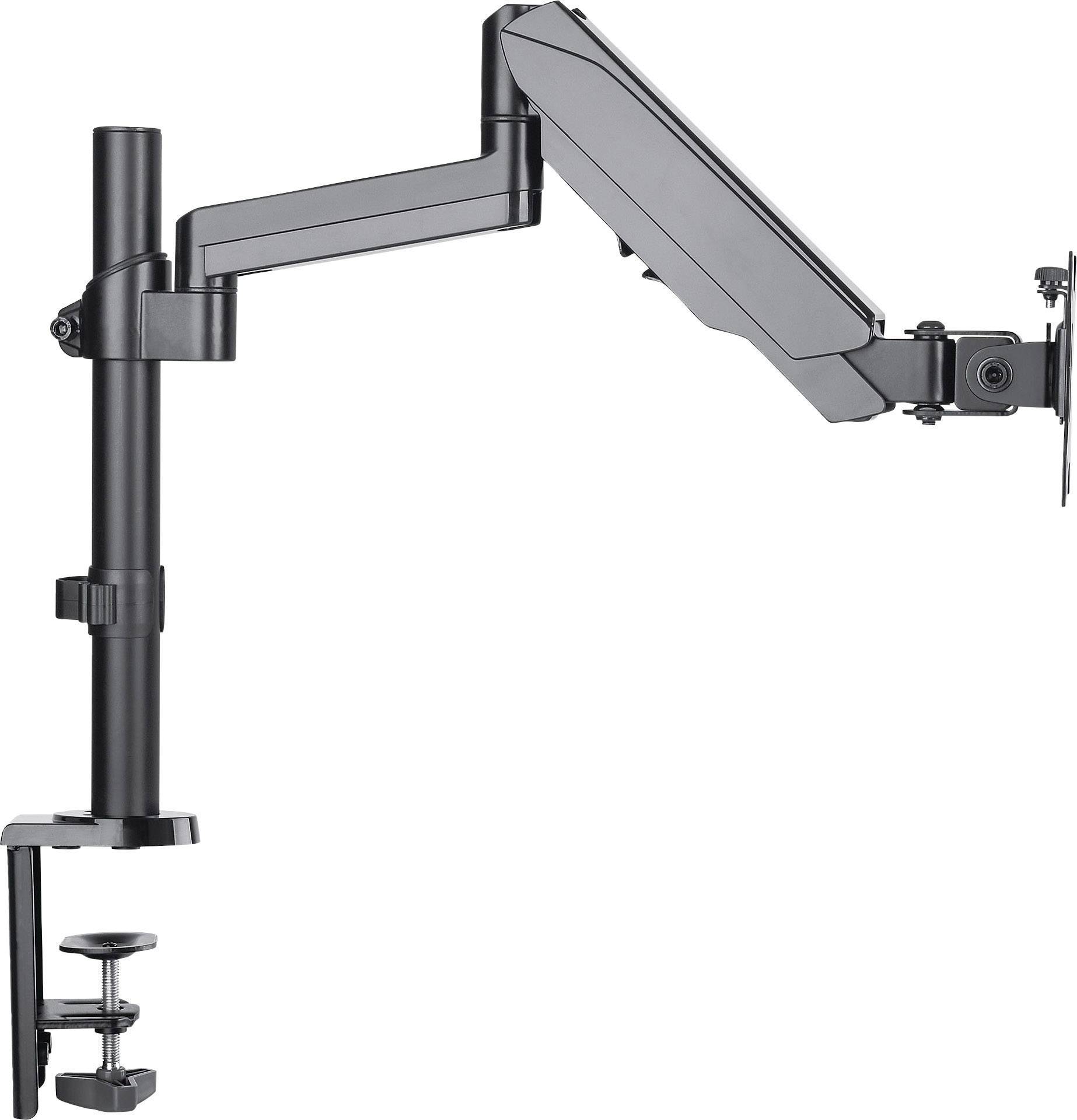 Schwarzer Monitorarm mit Klemme für Tischmontage, verstellbar in Höhe und Tiefe, zur ergonomischen Anpassung von Bildschirmen.