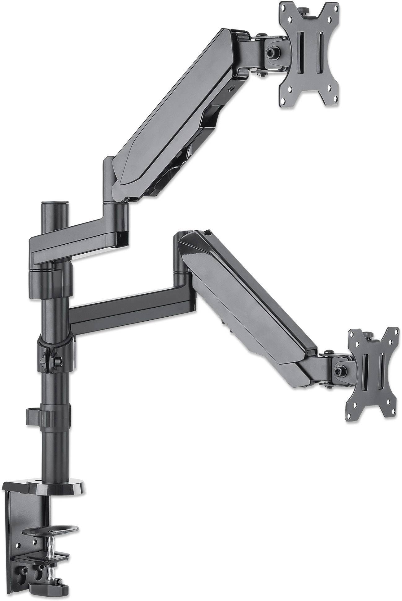 Doppelter Monitorarm aus Metall, zur Befestigung an einem Tisch. Anpassbare Gelenkarme für flexible Ausrichtung von zwei Monitoren.