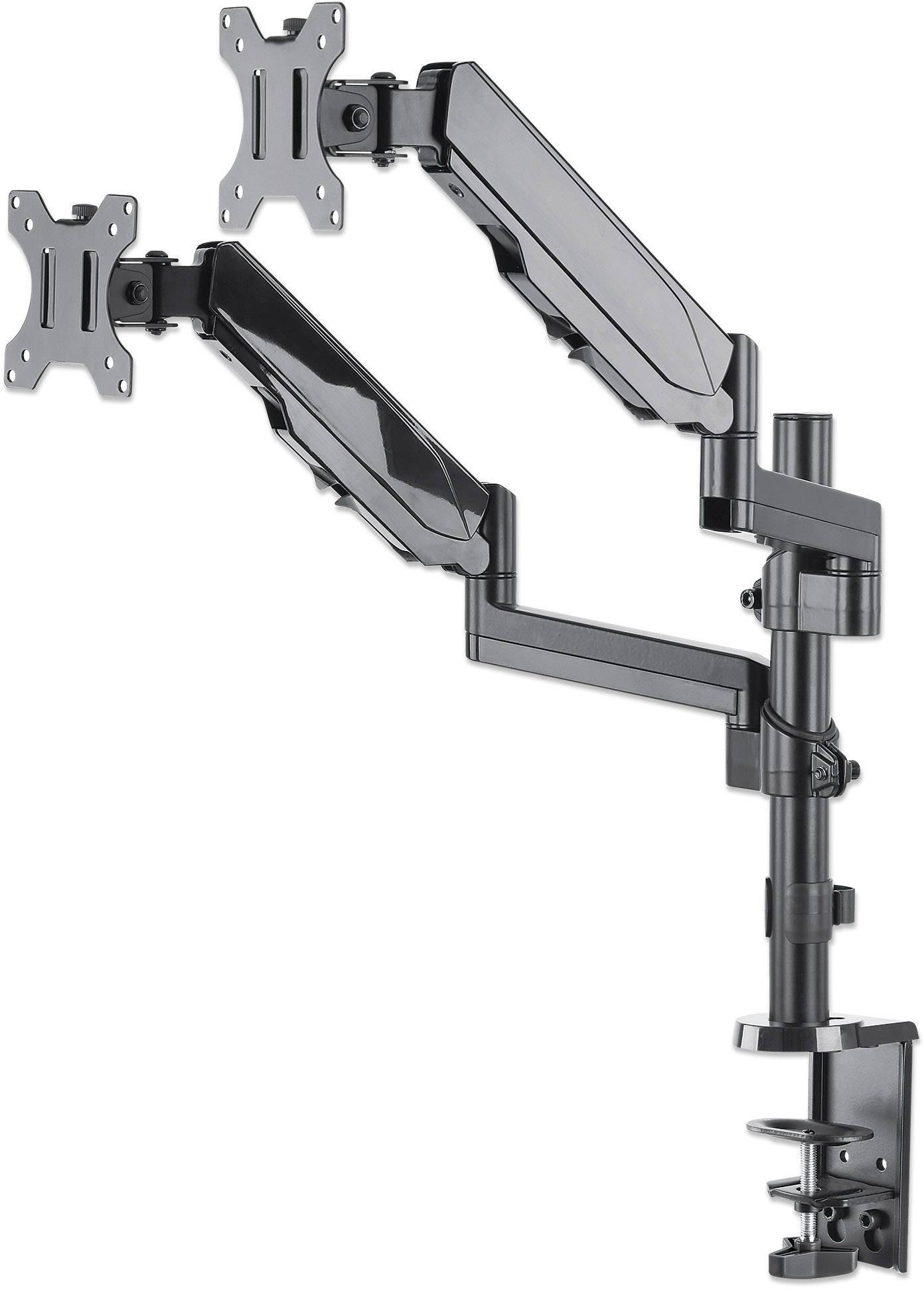 Zweiarmiger Monitorhalter, schwarz, für die flexible Positionierung von zwei Bildschirmen, mit Befestigungsklemme zur Tischmontage.