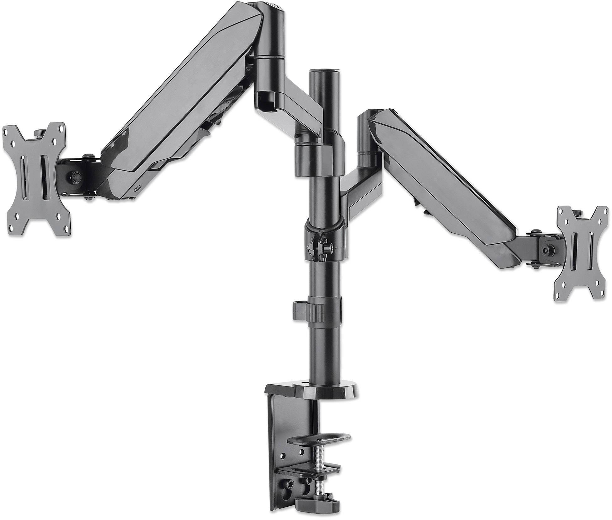 Zweiarmiger Monitorhalter aus Metall, schwarz, zur Befestigung an Schreibtisch. Gelenke ermöglichen flexible Positionierung der Monitore.