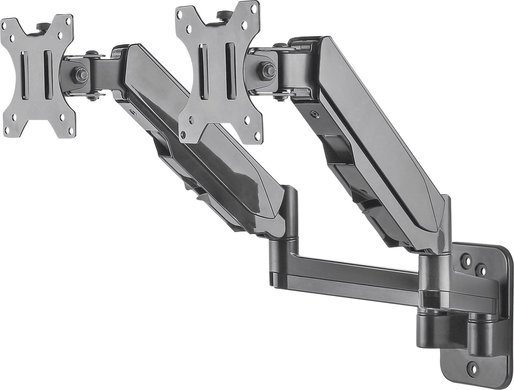 Ein schwarzer Dual-Monitor-Arm zur Wandmontage, mit zwei verstellbaren Halterungen für Monitore, zeigt eine flexible Positionierung.