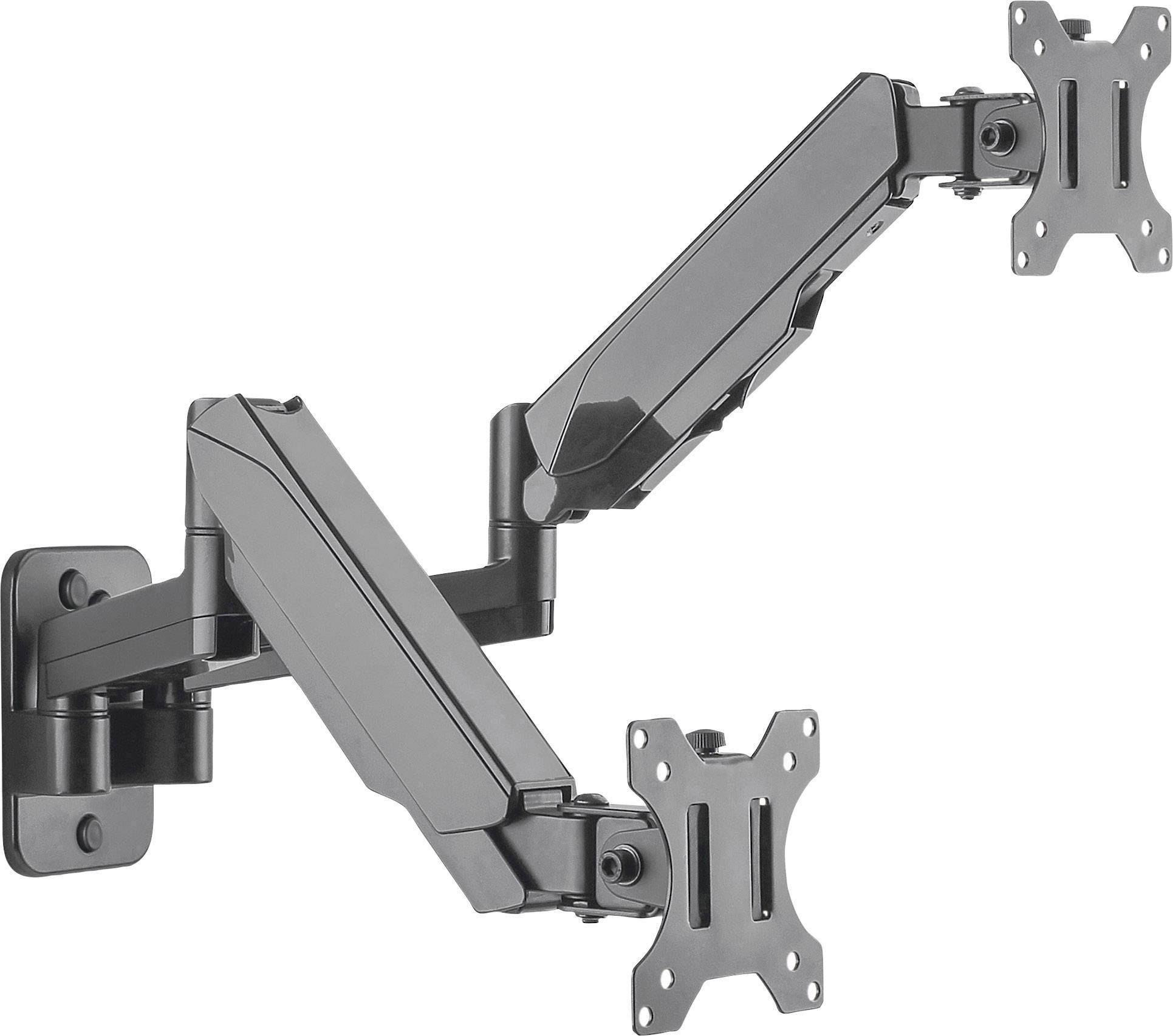 Schwarzer dualer Monitorarm zur Wandmontage, mit zwei flexiblen Armen und VESA-Halterungen, ermöglicht vielseitige Positionierung von Monitoren.