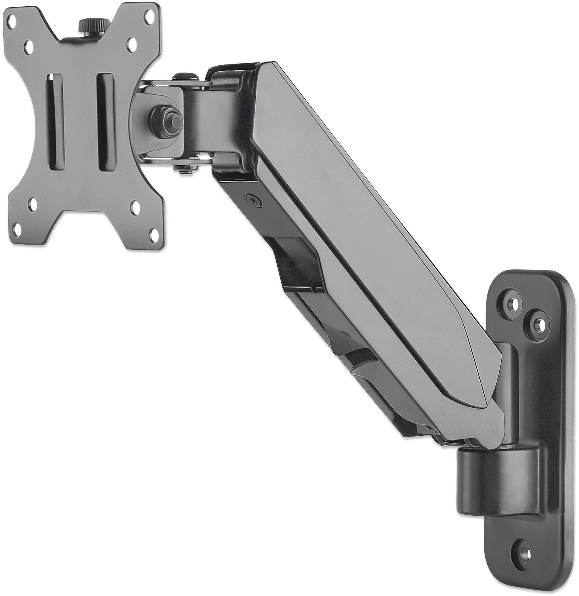 Ein verstellbarer, schwarzer Monitorarm zur Wandmontage, ermöglicht flexible Bildschirmpositionierung.