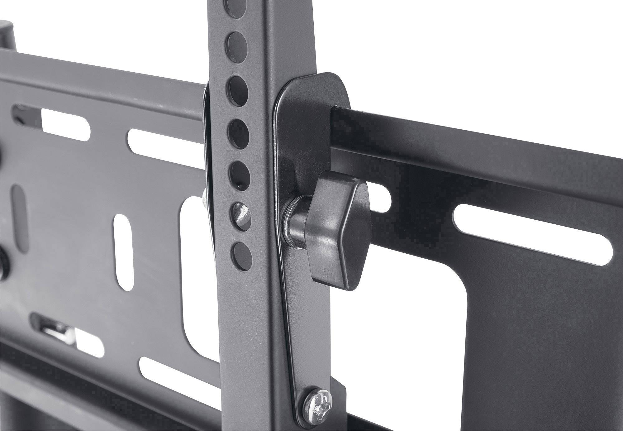 Nahaufnahme einer schwarzen Metallhalterung mit verstellbarem Knopf an einem Träger, geeignet für die Befestigung an Wänden.