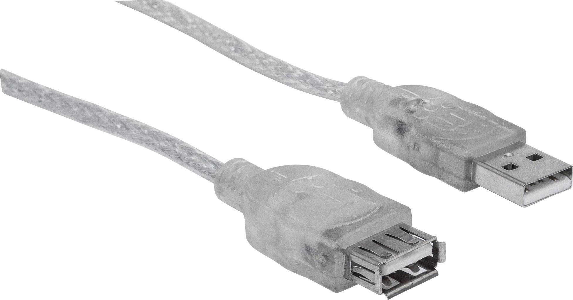 Zwei transparente USB-Kabel, eines mit Stecker, das andere mit Buchse, auf weißem Hintergrund.