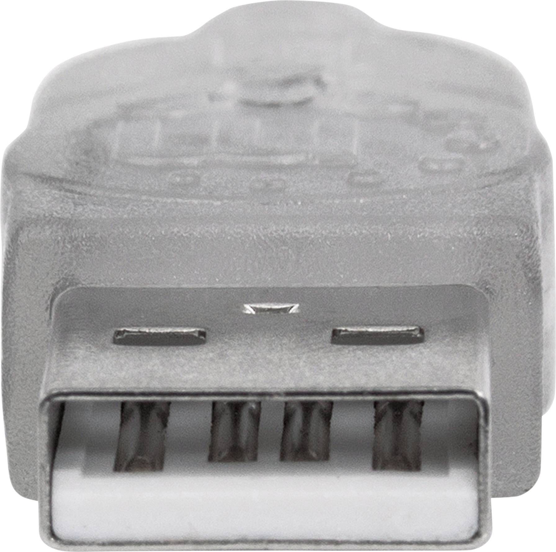 Ein transparenter USB-A-Stecker in Nahaufnahme, mit sichtbaren Metallkontakten, auf weißem Hintergrund.