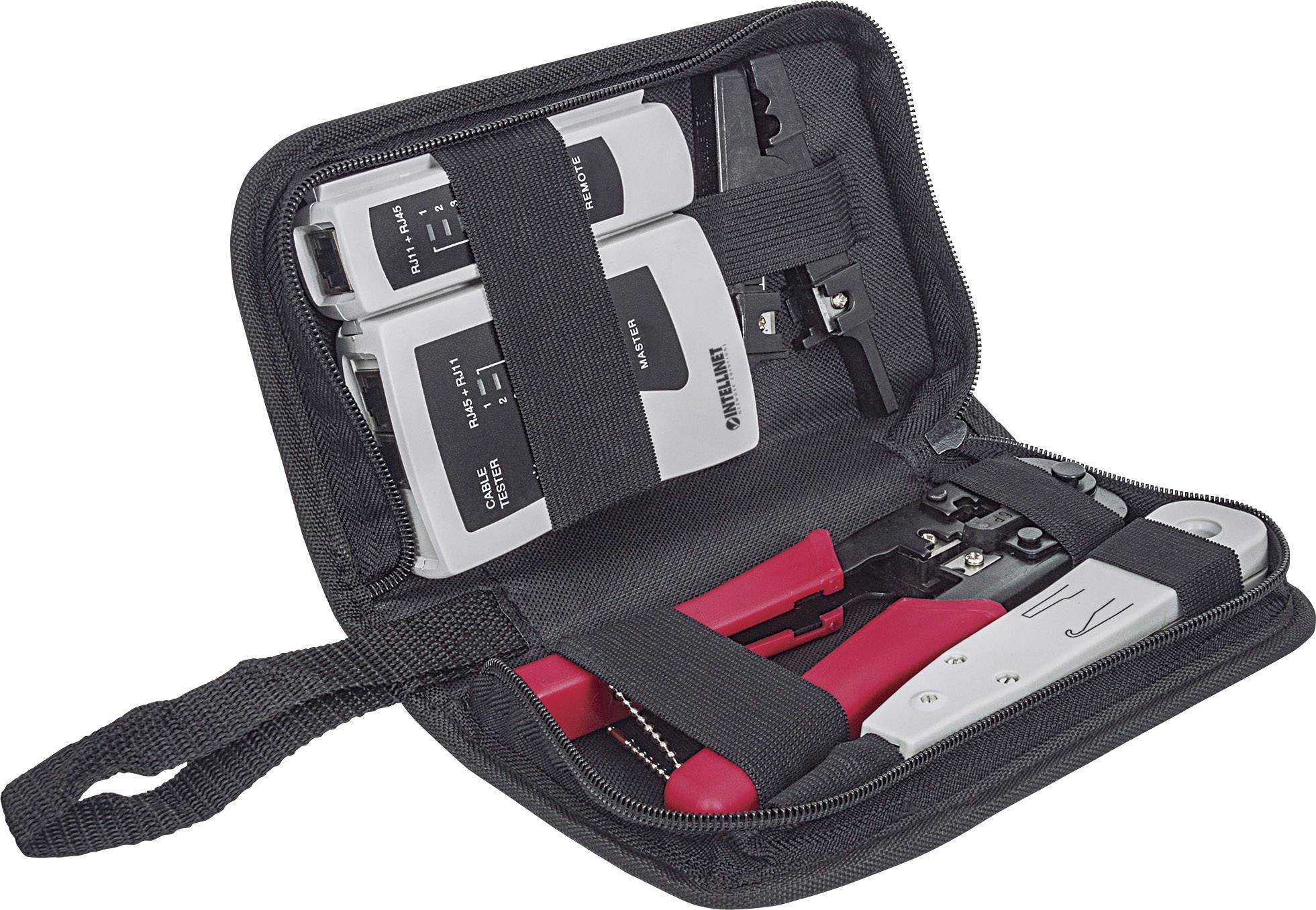 Ein offenes Werkzeugset für Netzwerkverkabelung mit Crimpwerkzeug, Netzwerktester und Kabelschneider in einer schwarzen Tasche.