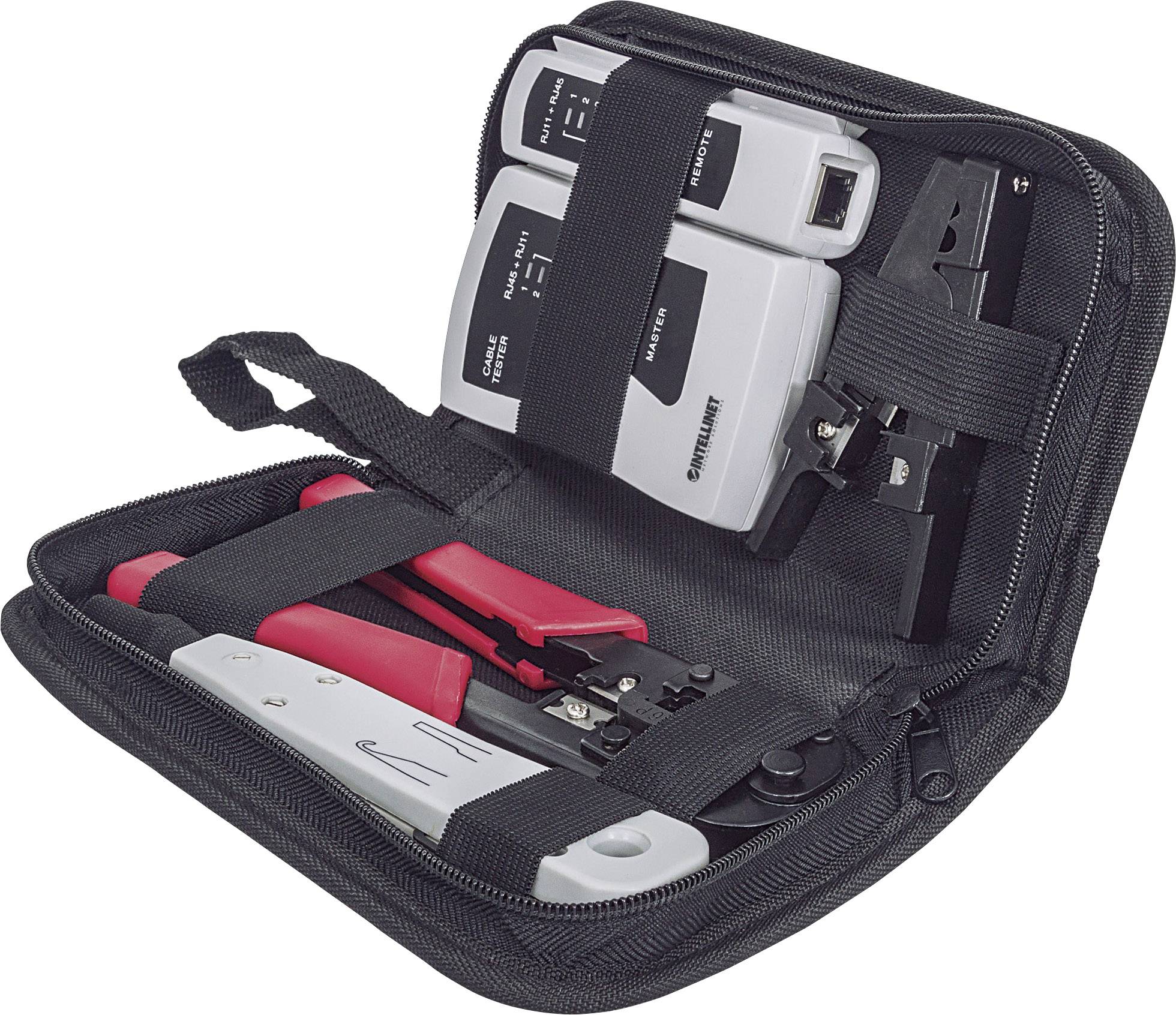 Ein Werkzeugset in einer schwarzen Tasche beinhaltet einen Kabeltester, Kabelzange und Crimpwerkzeug. Ideal für Netzwerkinstallationen.